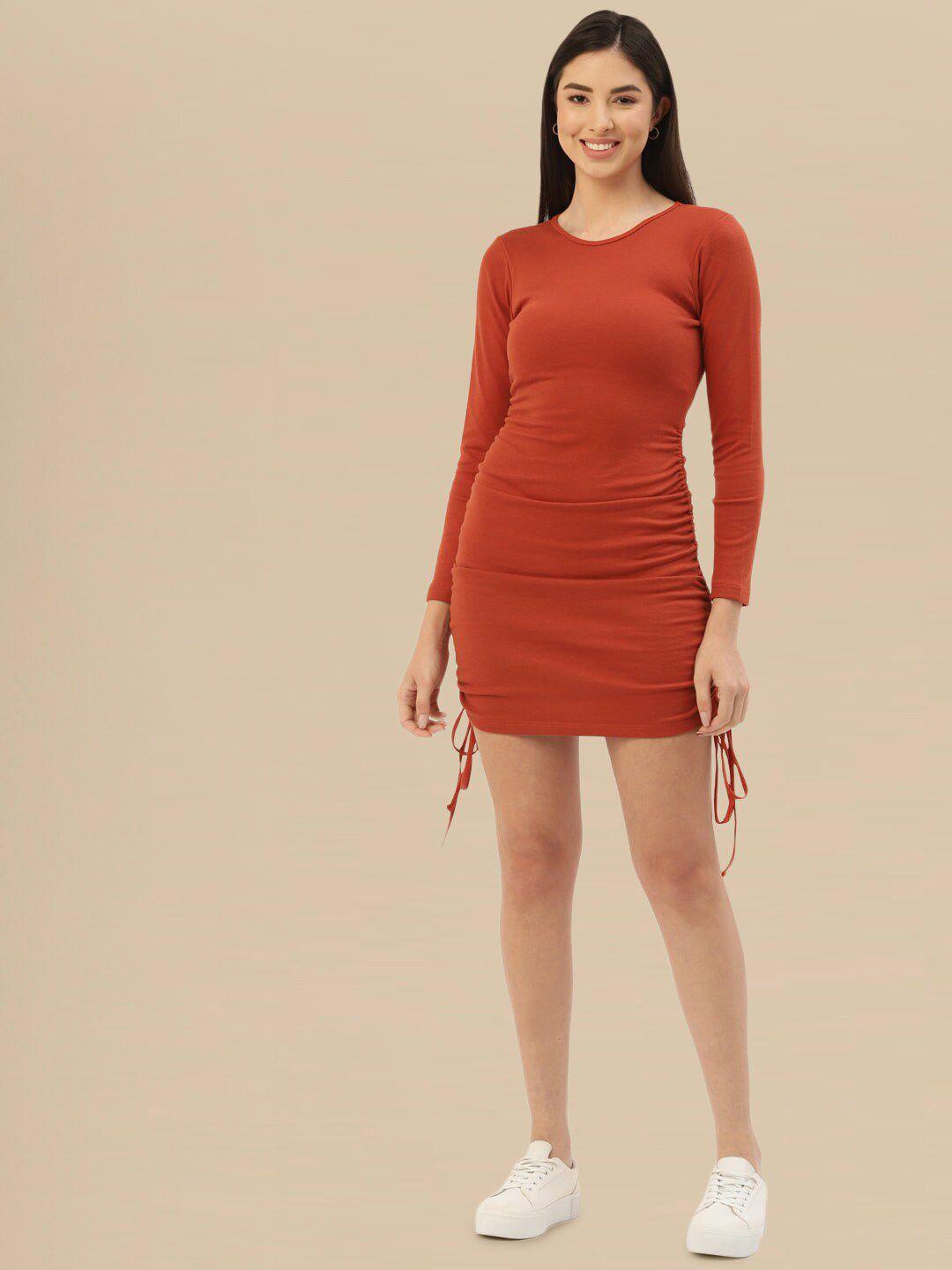 dressberry rust ruched cotton bodycon dress