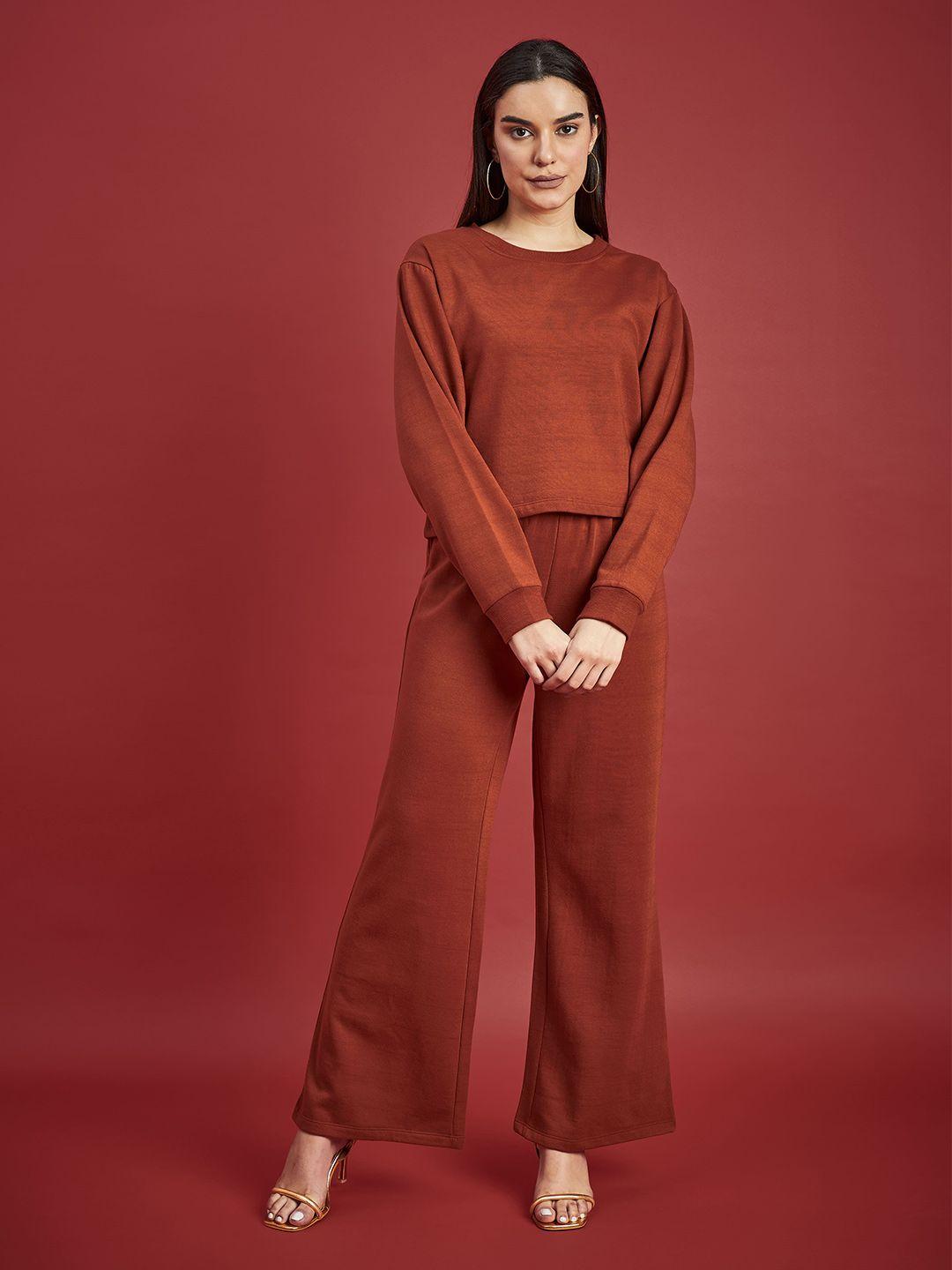 dressberry rust sweatshirt with flared trouser co-ords