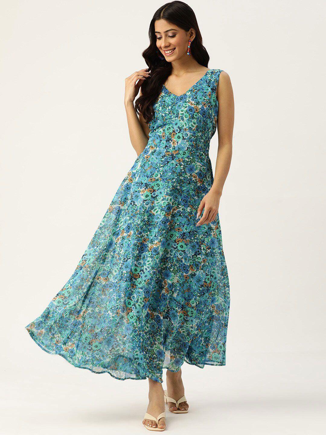 dressberry sea green floral printed fit & flare maxi dress