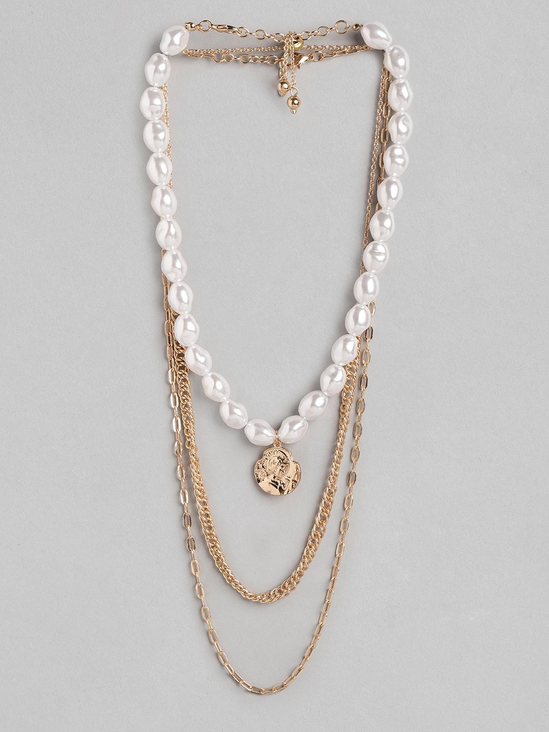 dressberry set of 3 gold-toned & off white beaded layered necklace
