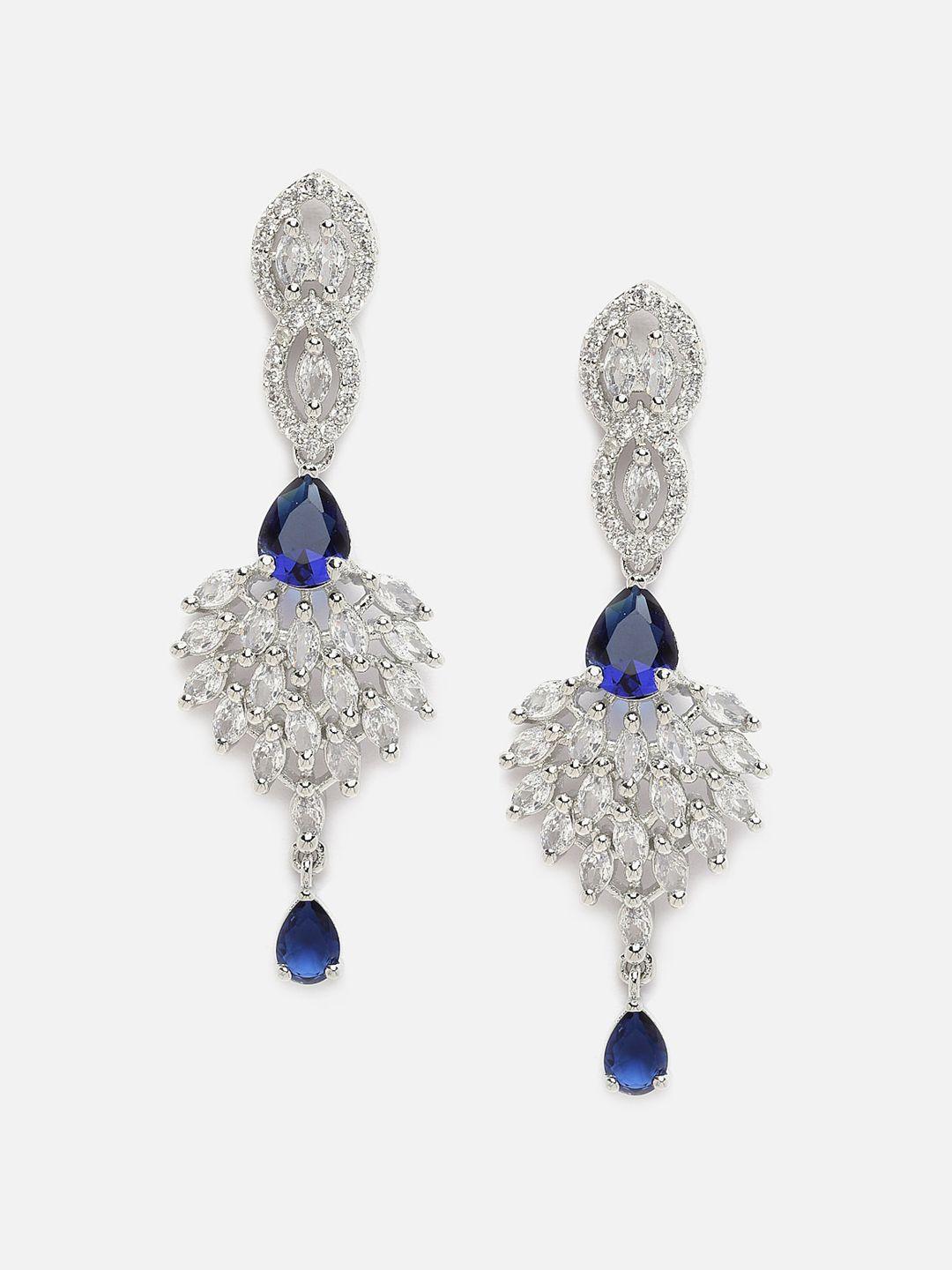 dressberry silver-plated blue & white ad-studded spiked shaped oxidised drop earrings