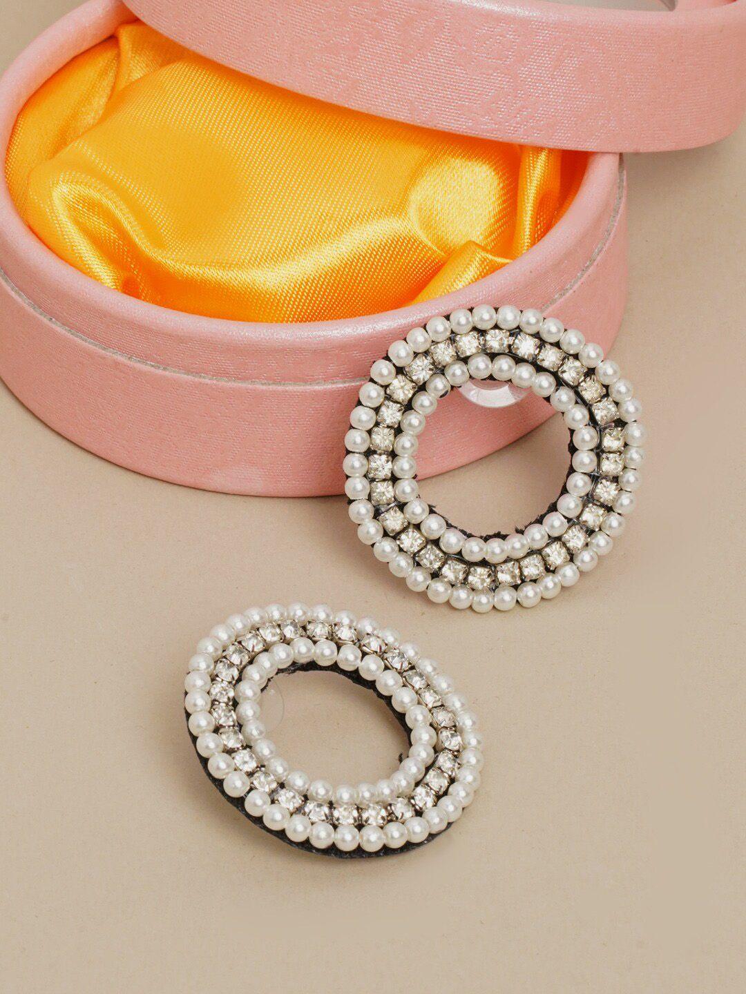 dressberry silver-plated cz-studded & pearls circular white contemporary studs earrings
