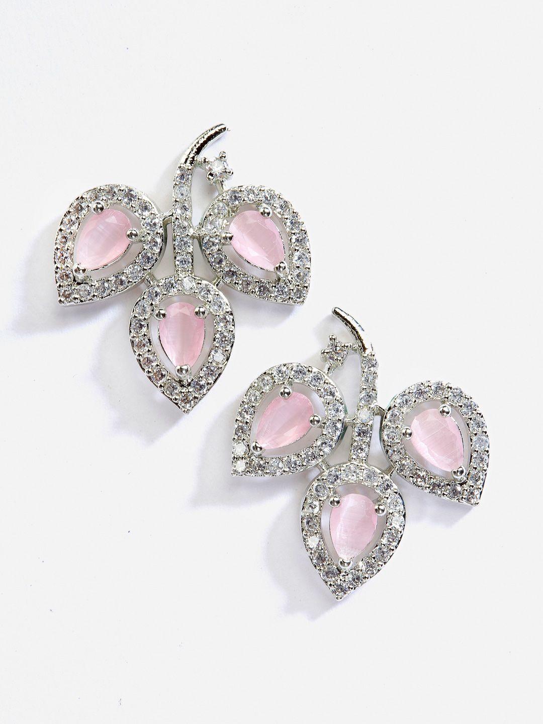 dressberry silver-toned & pink rhodium-plated american diamond leaf shaped studs earrings
