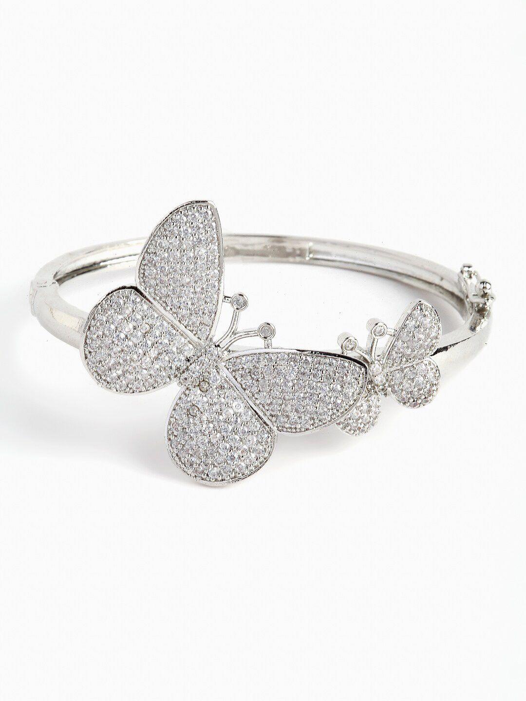 dressberry silver-toned & white american diamond rhodium-plated cuff bracelet
