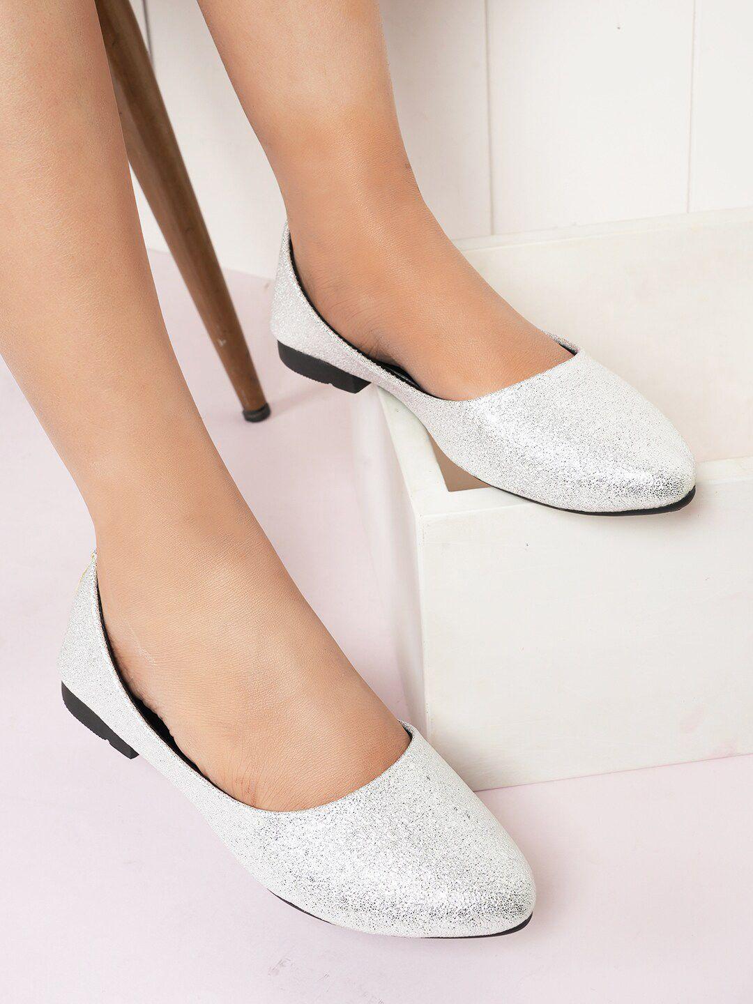 dressberry silver-toned textured pointed toe ballerinas flats