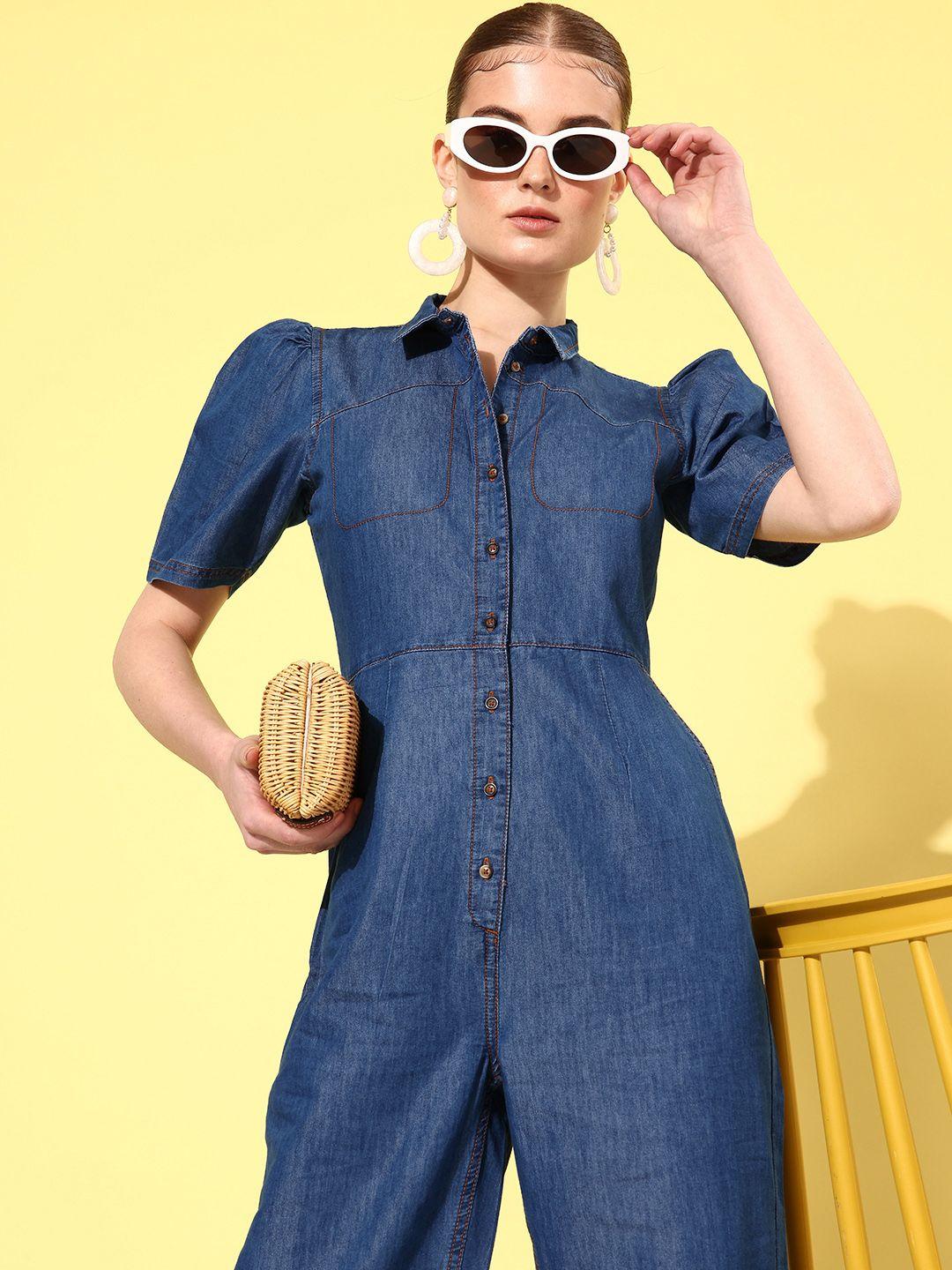 dressberry solid shirt collar chambray basic jumpsuit