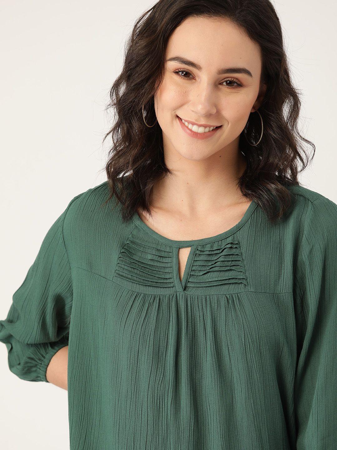 dressberry sustainable ecovero green keyhole neck puff sleeves regular top