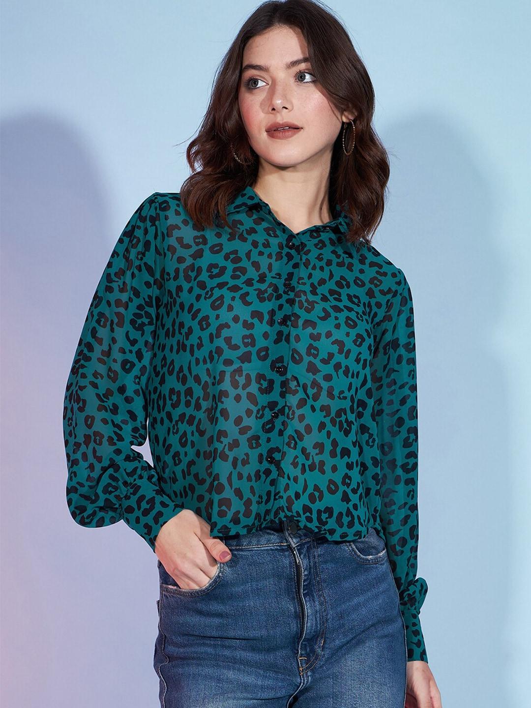 dressberry teal animal print georgette shirt style top