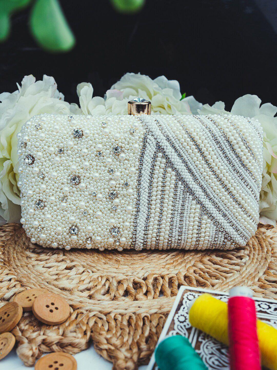 dressberry white & gold-toned embellished box clutch