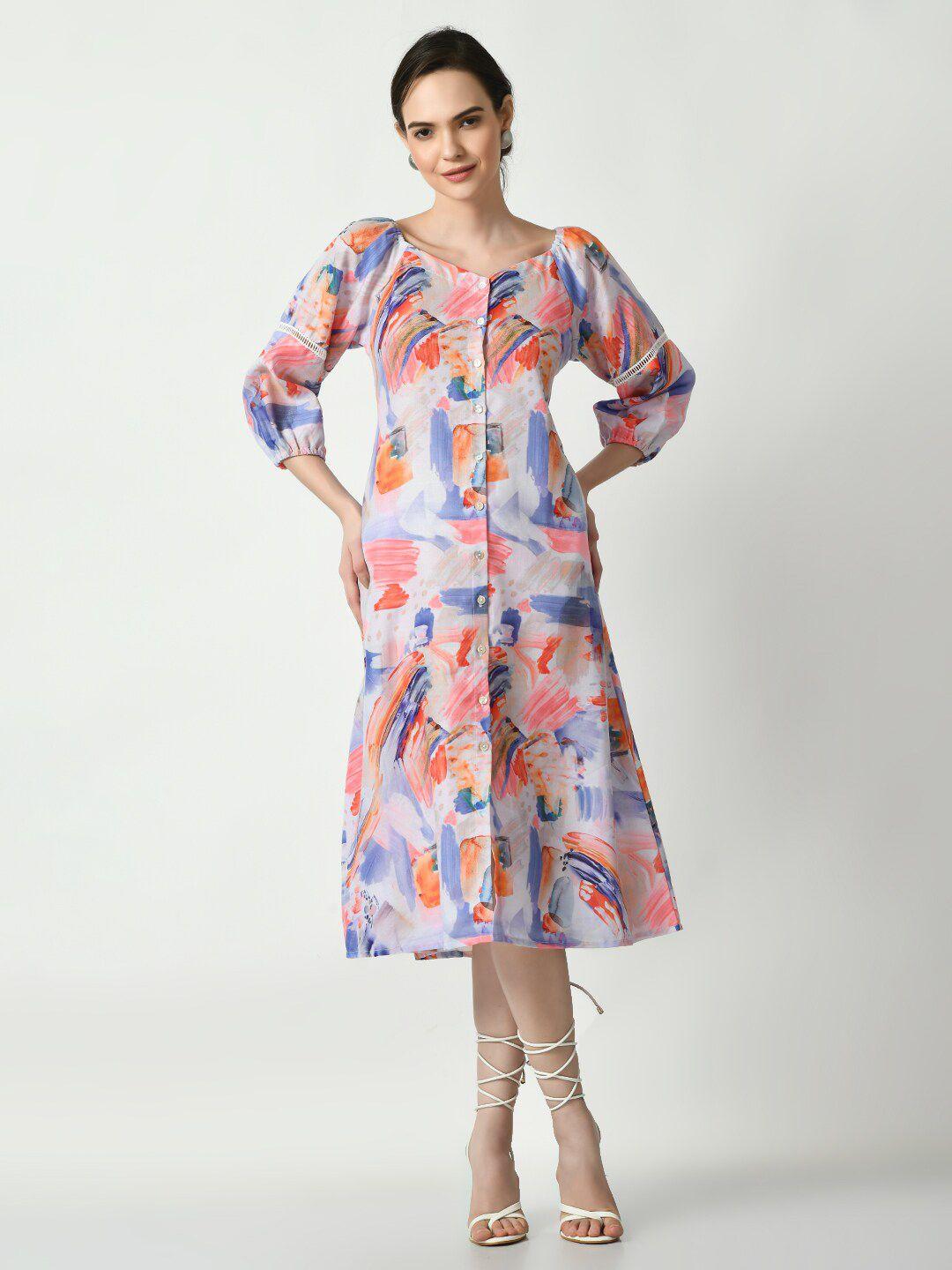 dressberry white abstract printed puff sleeve a-line midi dress