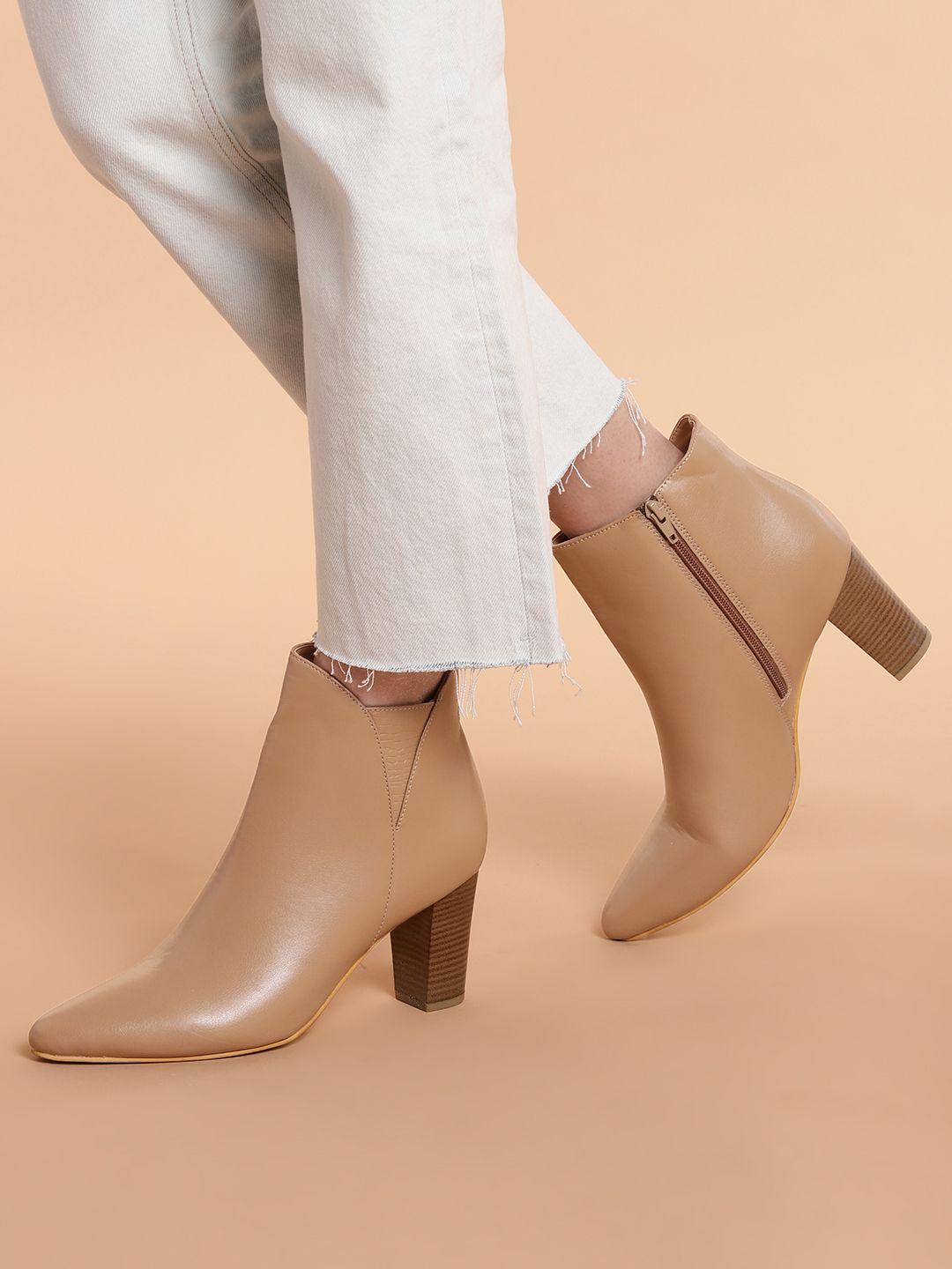 dressberry women beige solid mid-top block heel regular boots