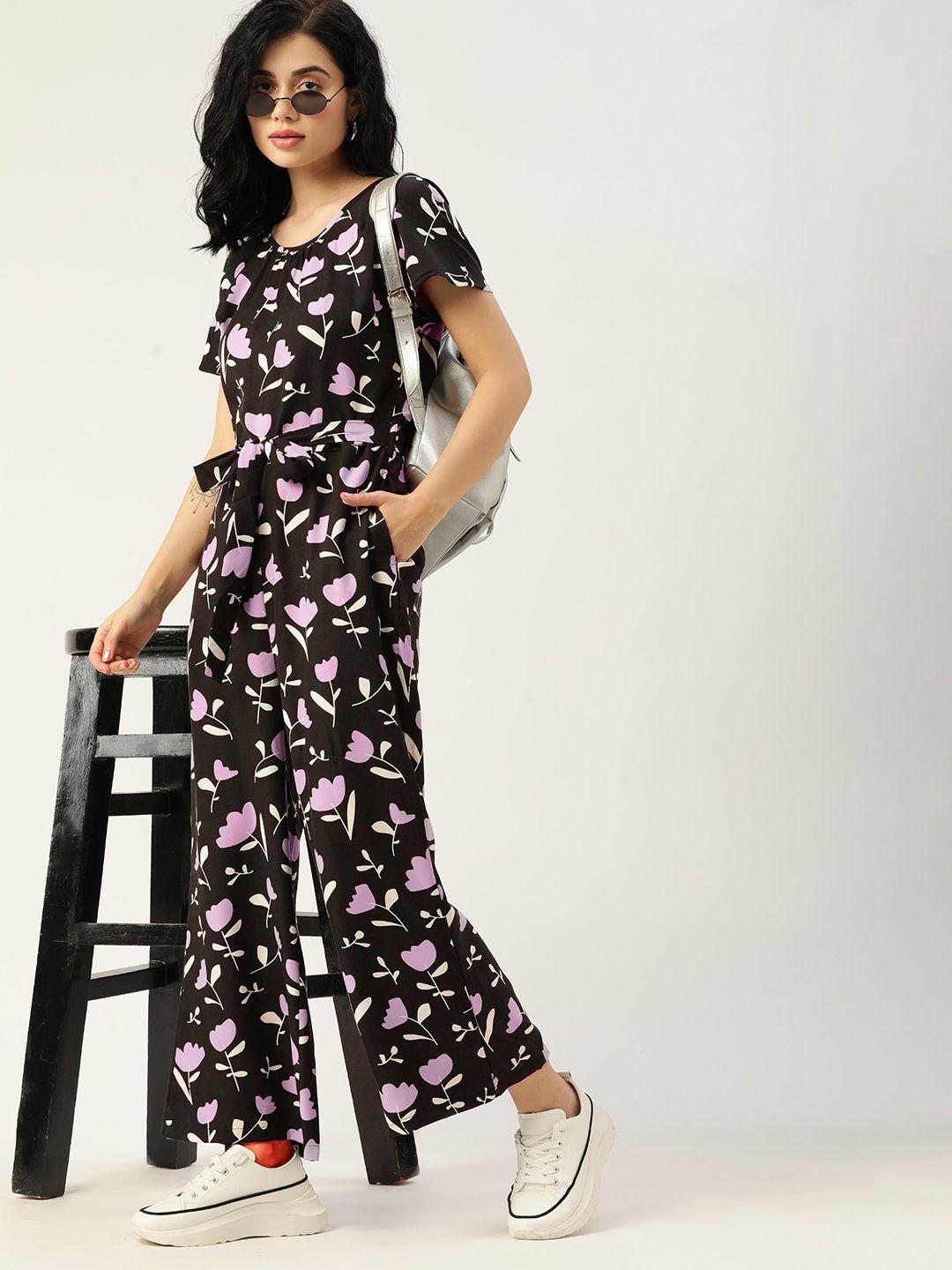 dressberry women black & lavender floral printed basic jumpsuit