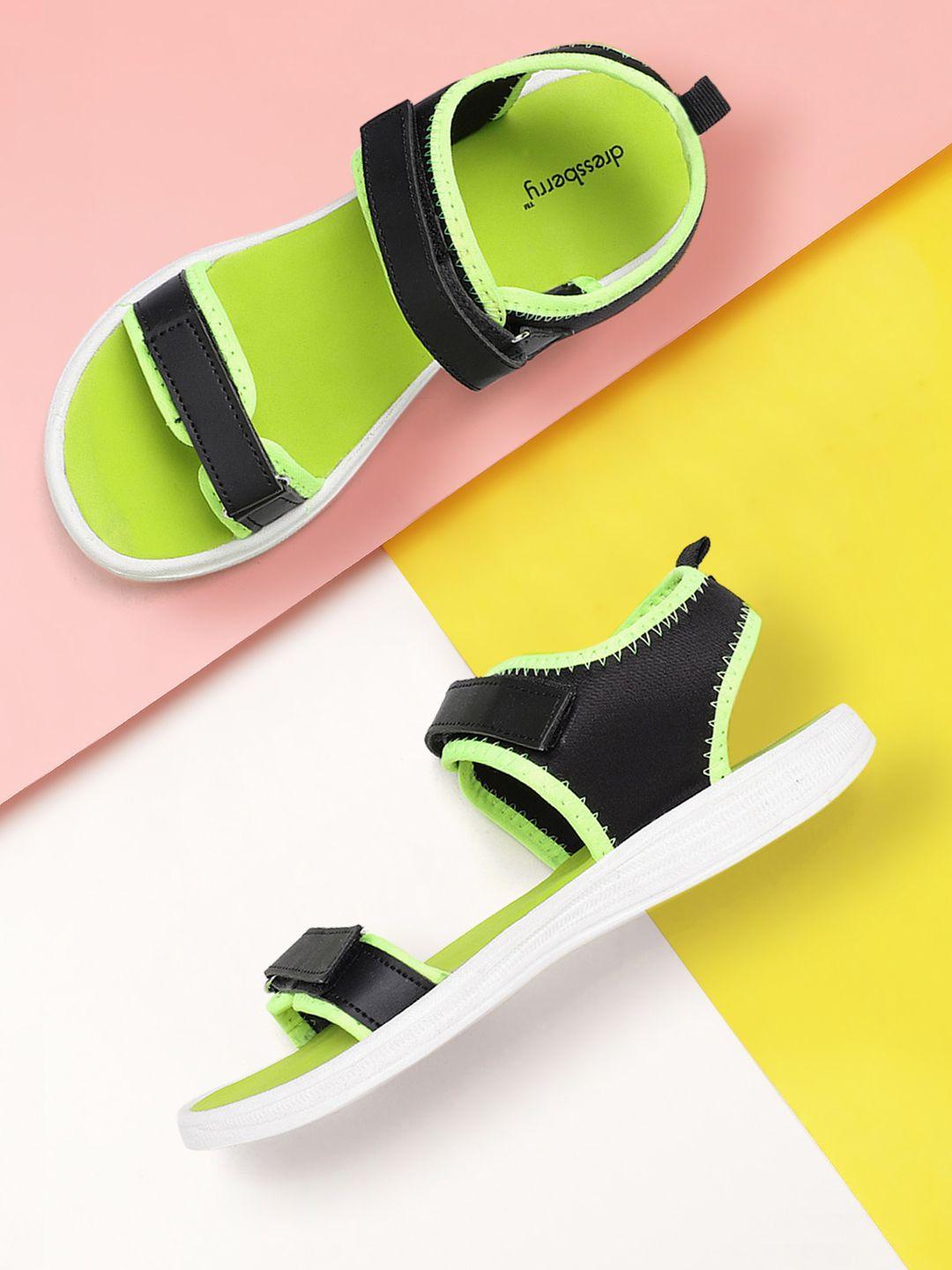 dressberry women black & lime green solid sports sandals
