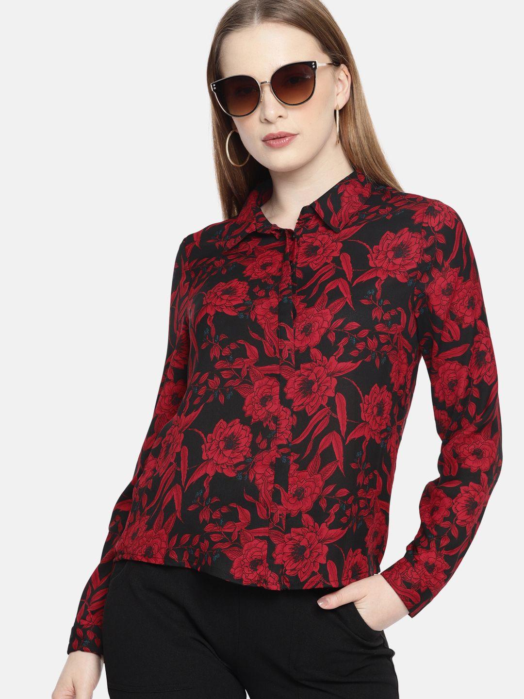 dressberry women black & red regular fit printed casual shirt
