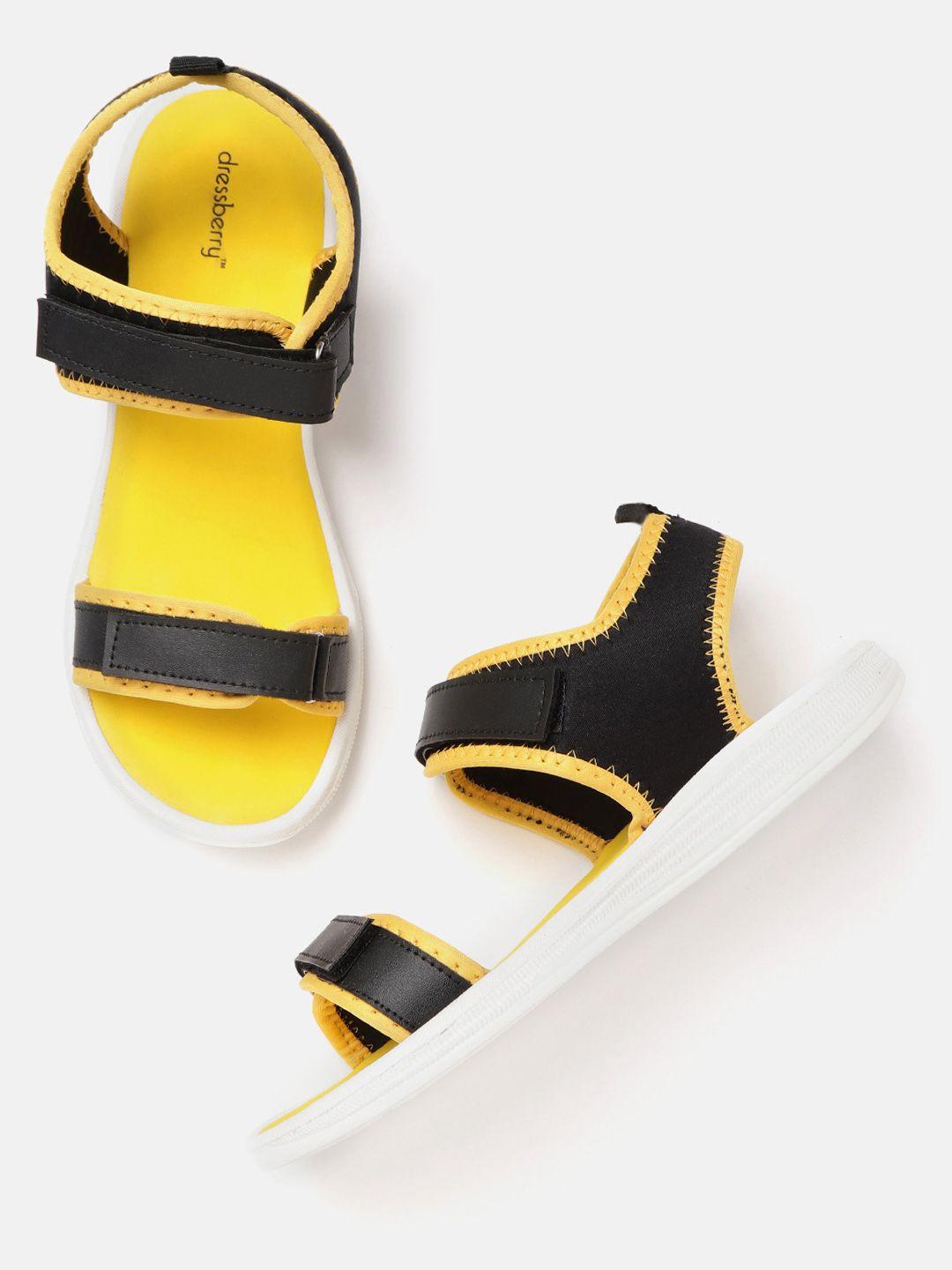 dressberry women black & yellow solid sports sandals