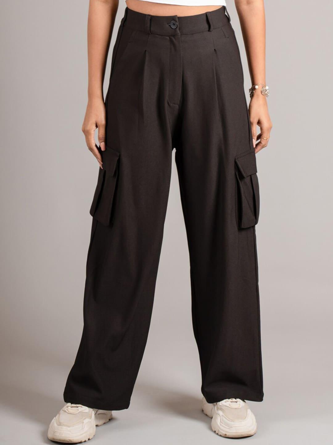 dressberry women black high-rise pleated cargos trousers