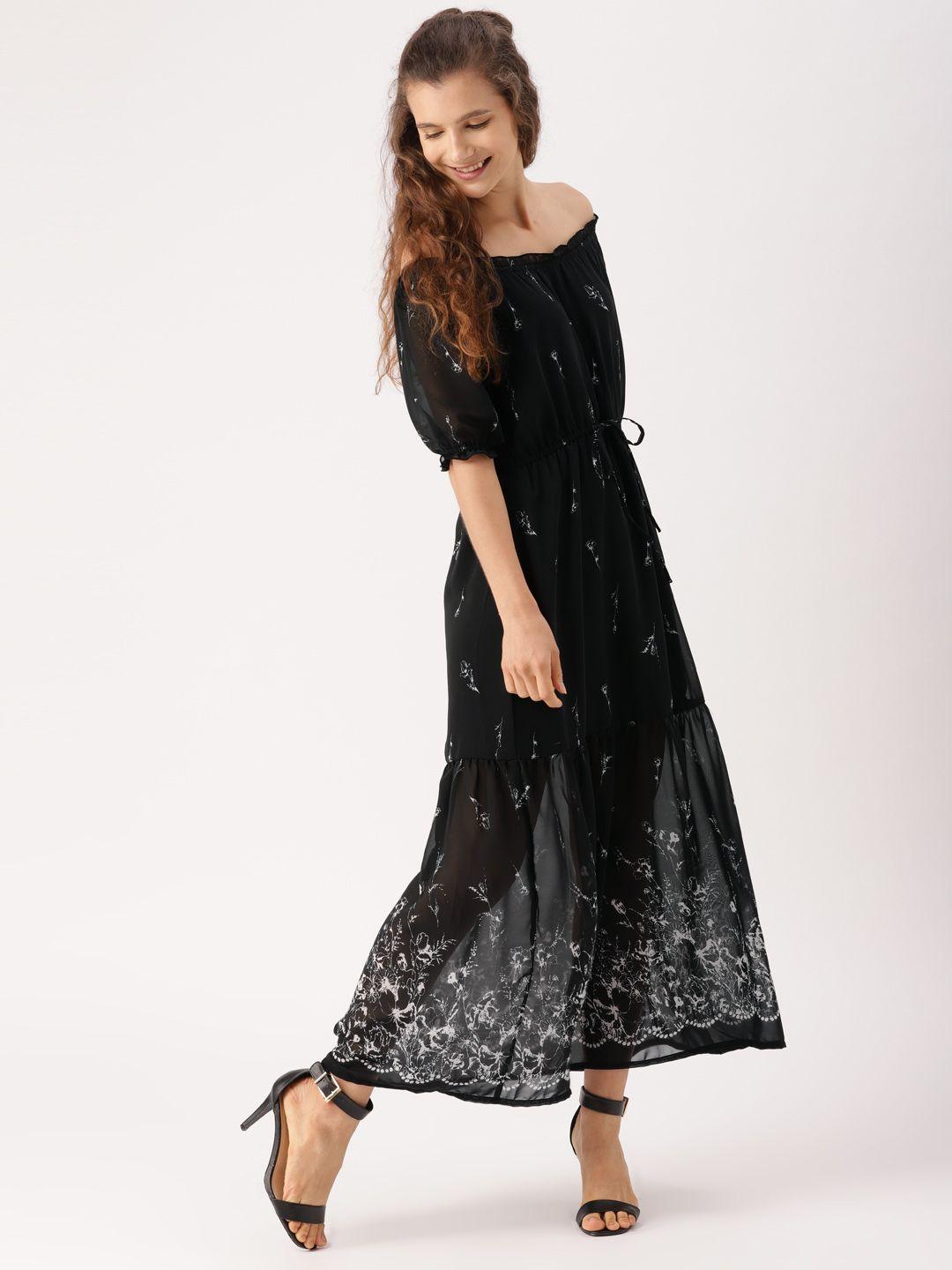 dressberry women black printed off-shoulder a-line maxi dress