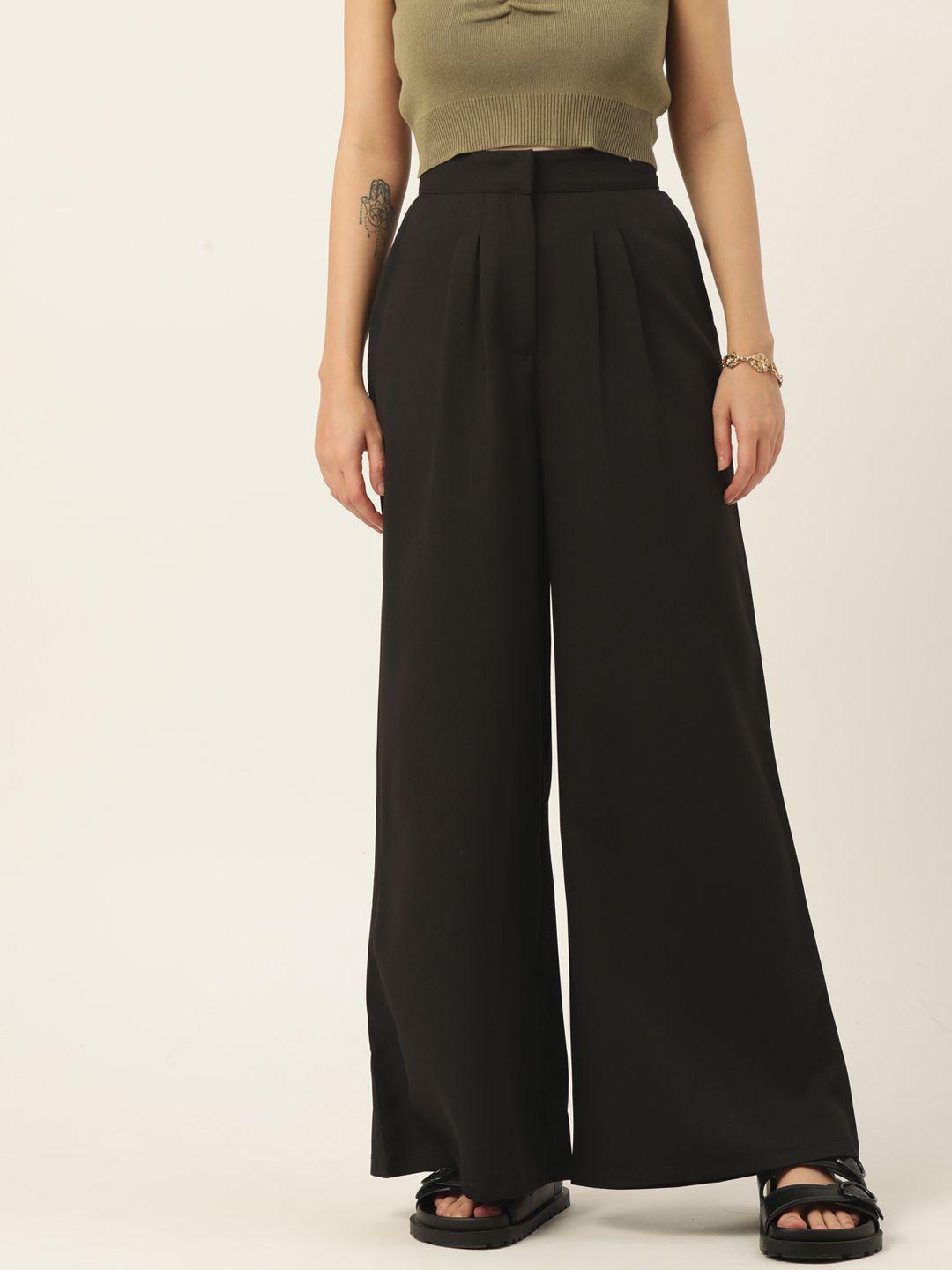 dressberry women black solid pleated flared trousers