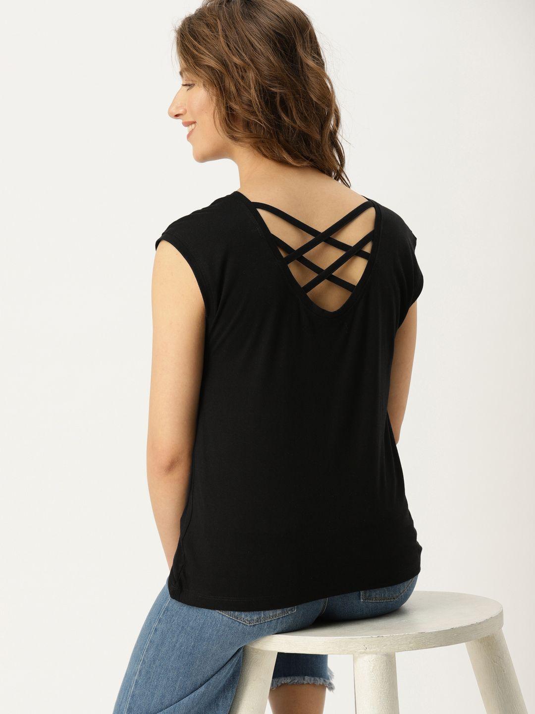 dressberry women black solid styled back top