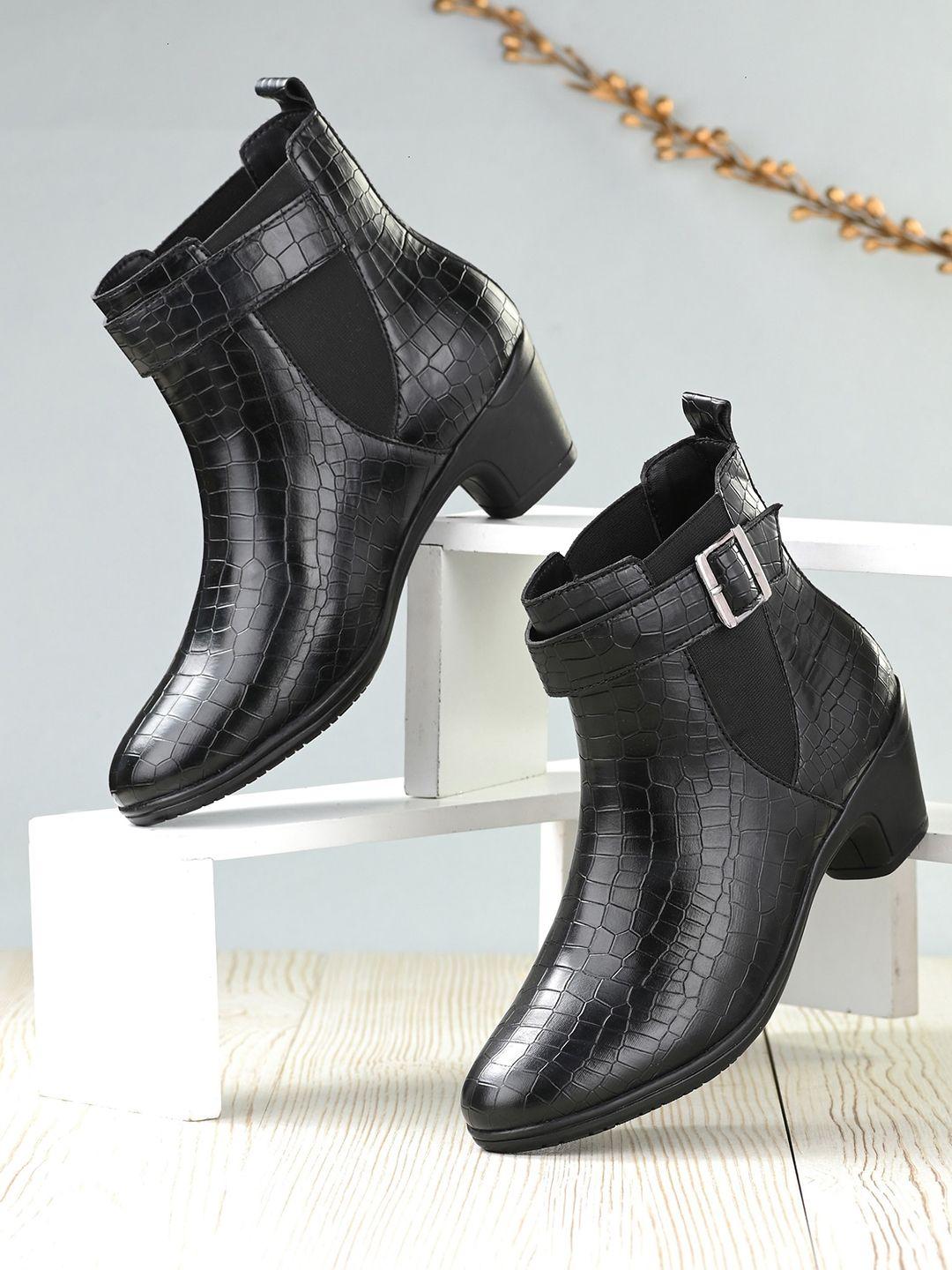 dressberry women black textured block heel boots