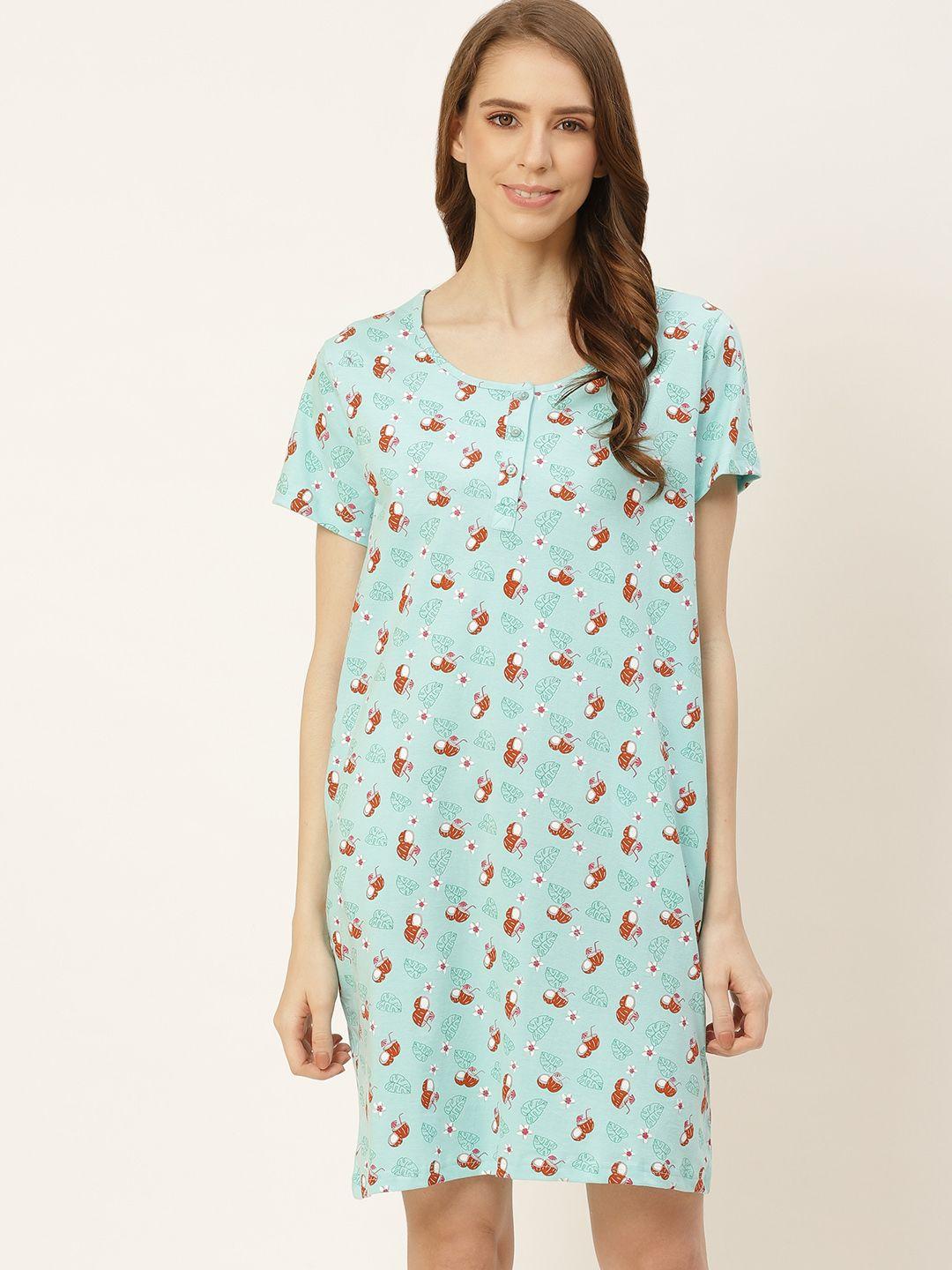 dressberry women blue & red printed pure cotton knitted nightdress