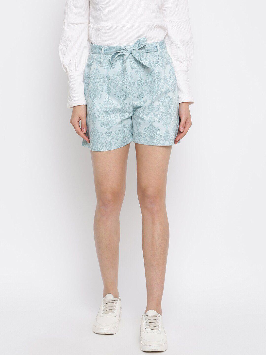 dressberry women blue ethnic motifs printed mid rise cotton shorts