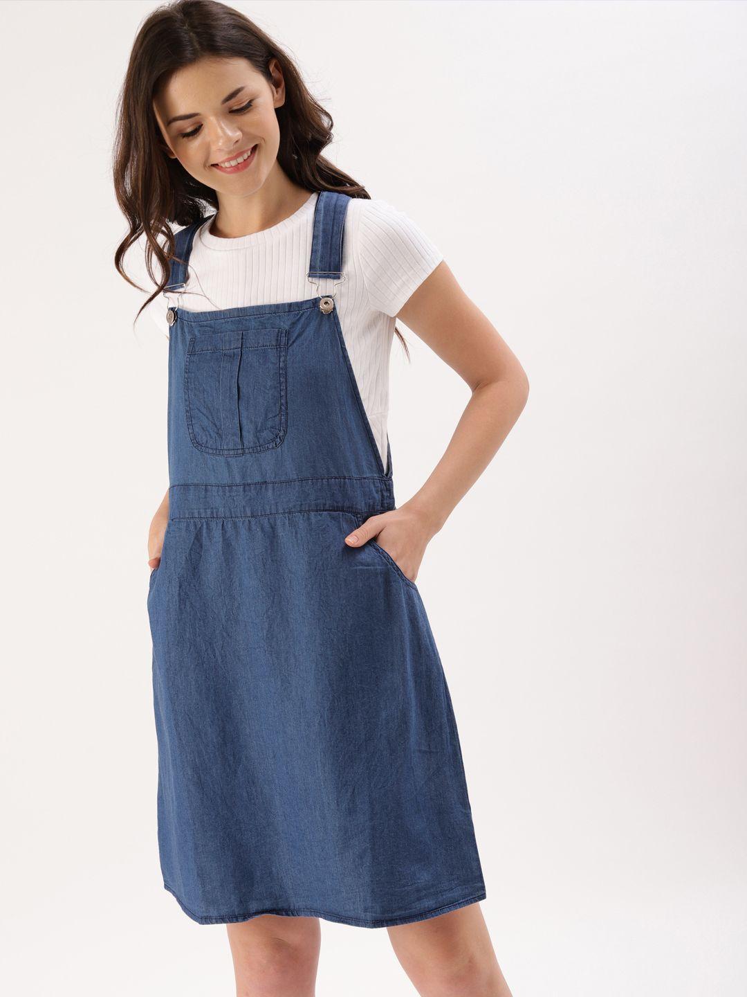 dressberry women blue solid chambray pinafore dress
