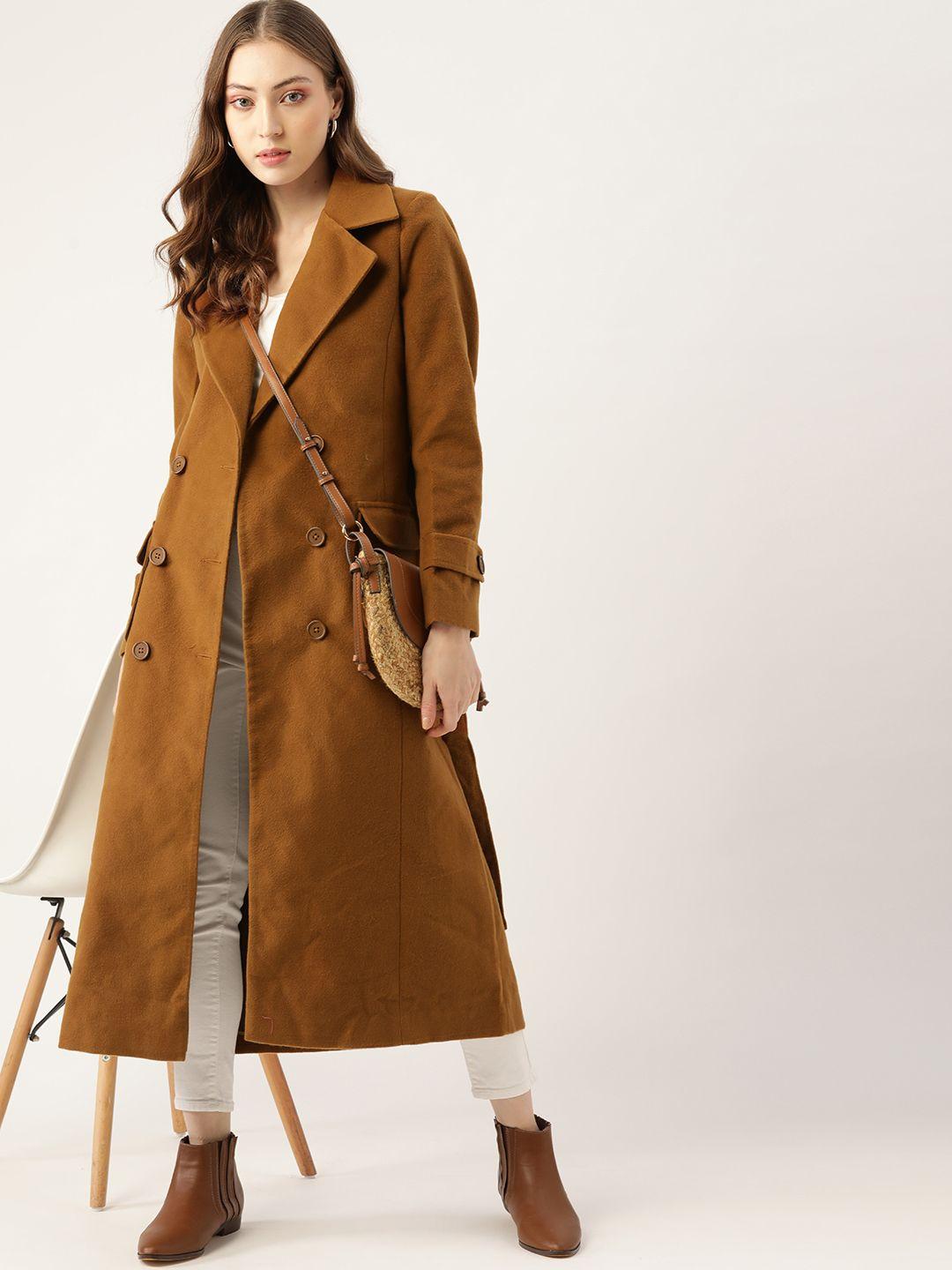 dressberry women brown solid longline overcoat with belt