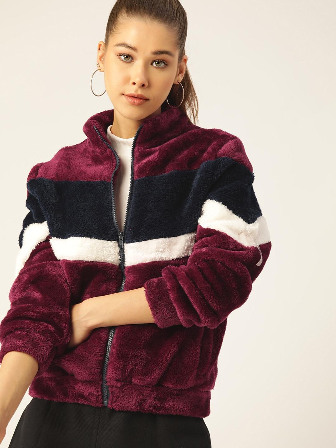 dressberry women burgundy & navy blue faux fur colourblocked sherpa jacket