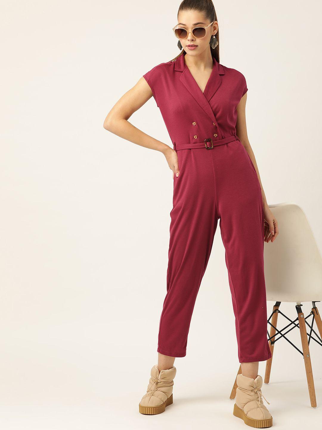 dressberry women burgundy solid basic jumpsuit with a belt