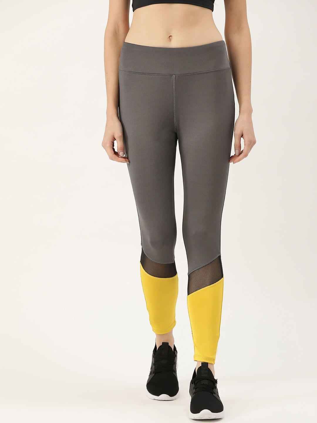 dressberry women charcoal grey & mustard yellow colourblocked cropped tights