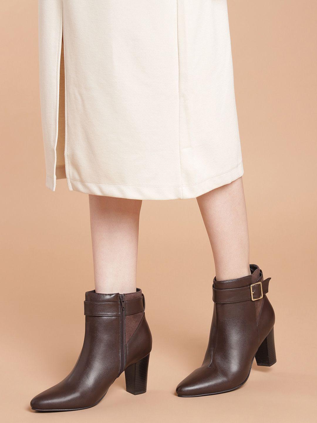 dressberry women coffee brown solid mid-top block heel boots with buckle detail