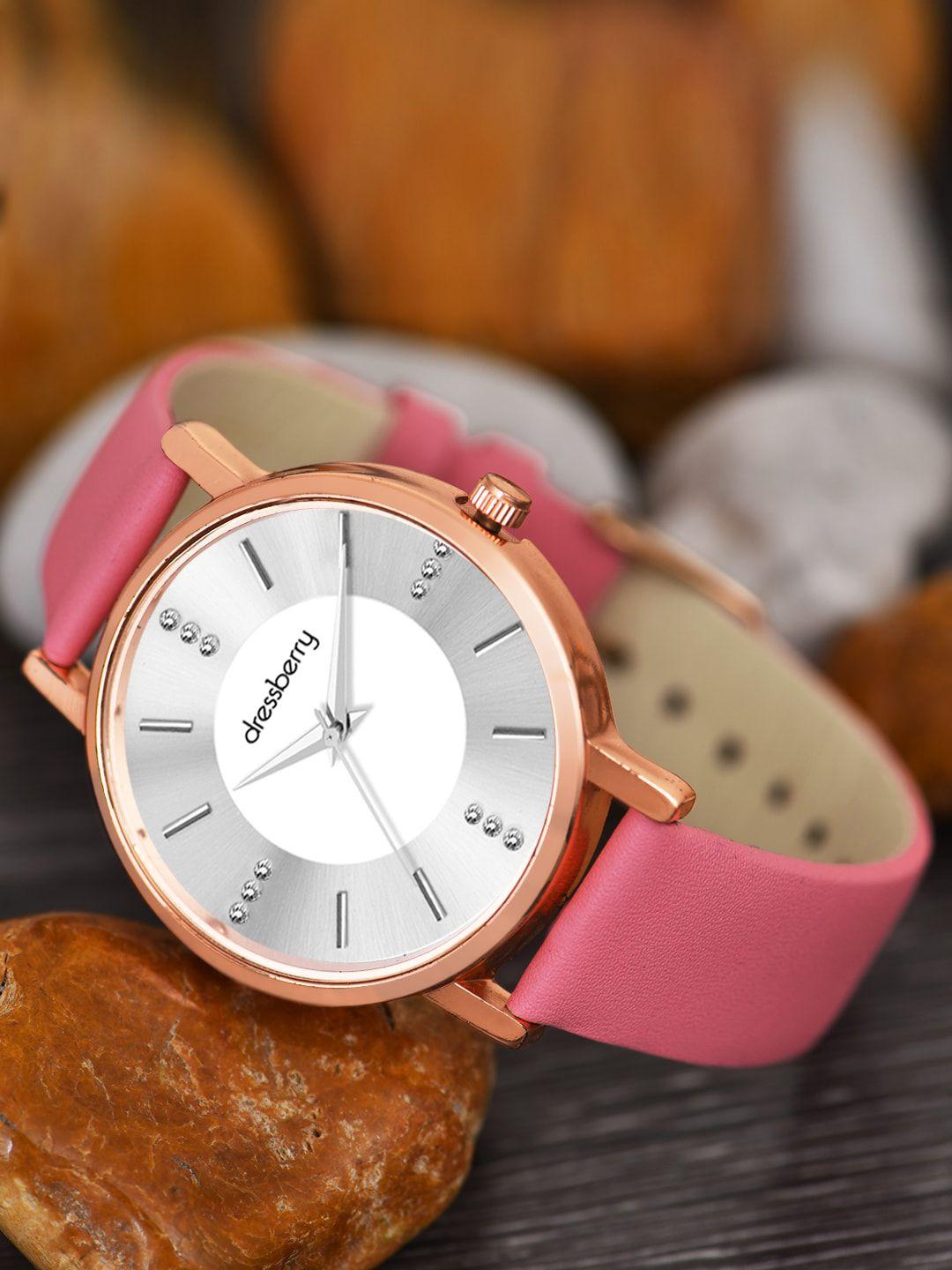 dressberry women embellished dial & pink leather bracelet style straps analogue watch