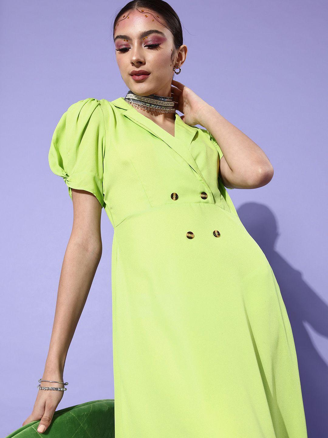 dressberry women fluorescent green solid puff sleeve a-line dress