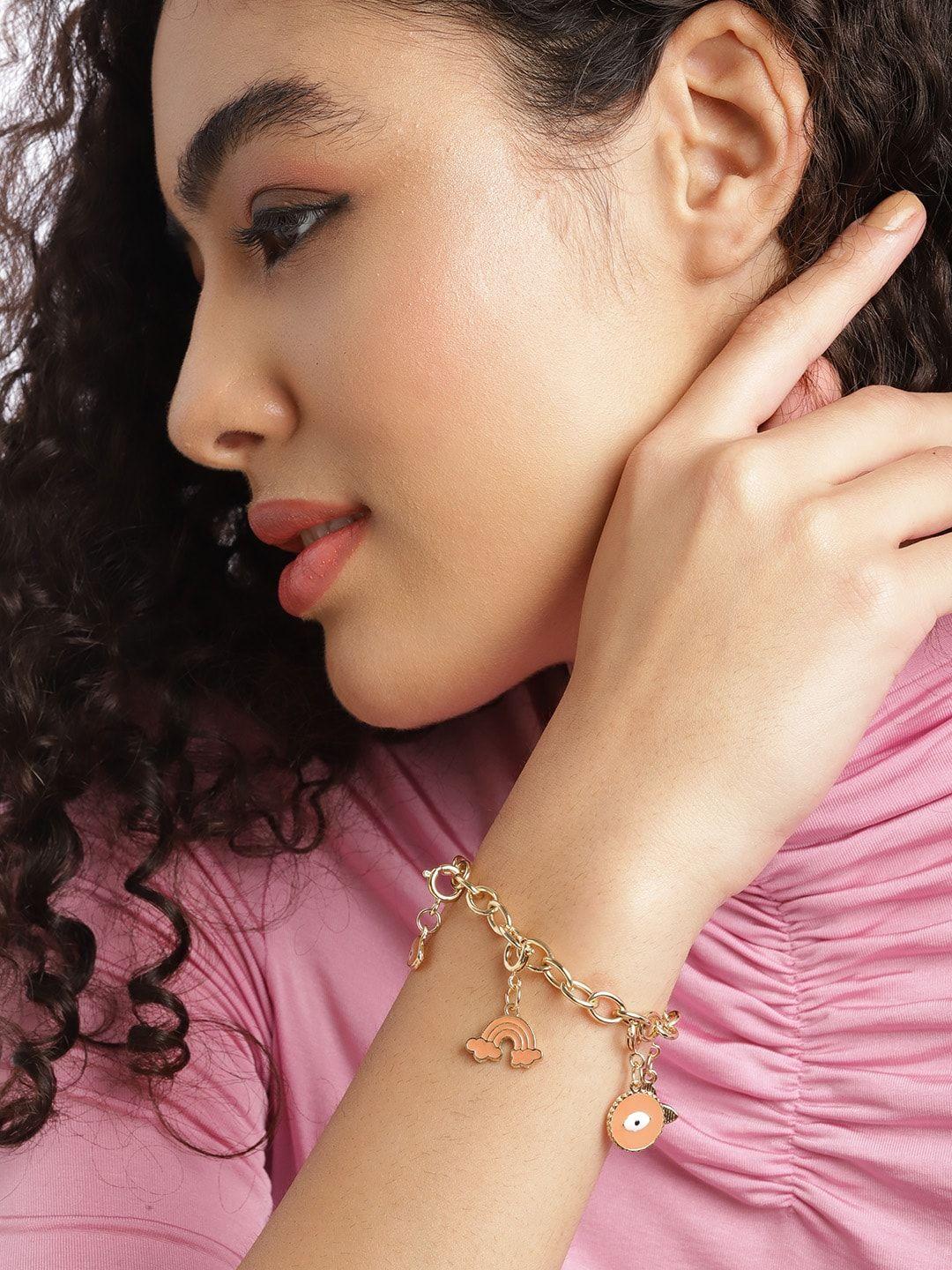 dressberry women gold-toned & coral pink enamelled charm bracelet