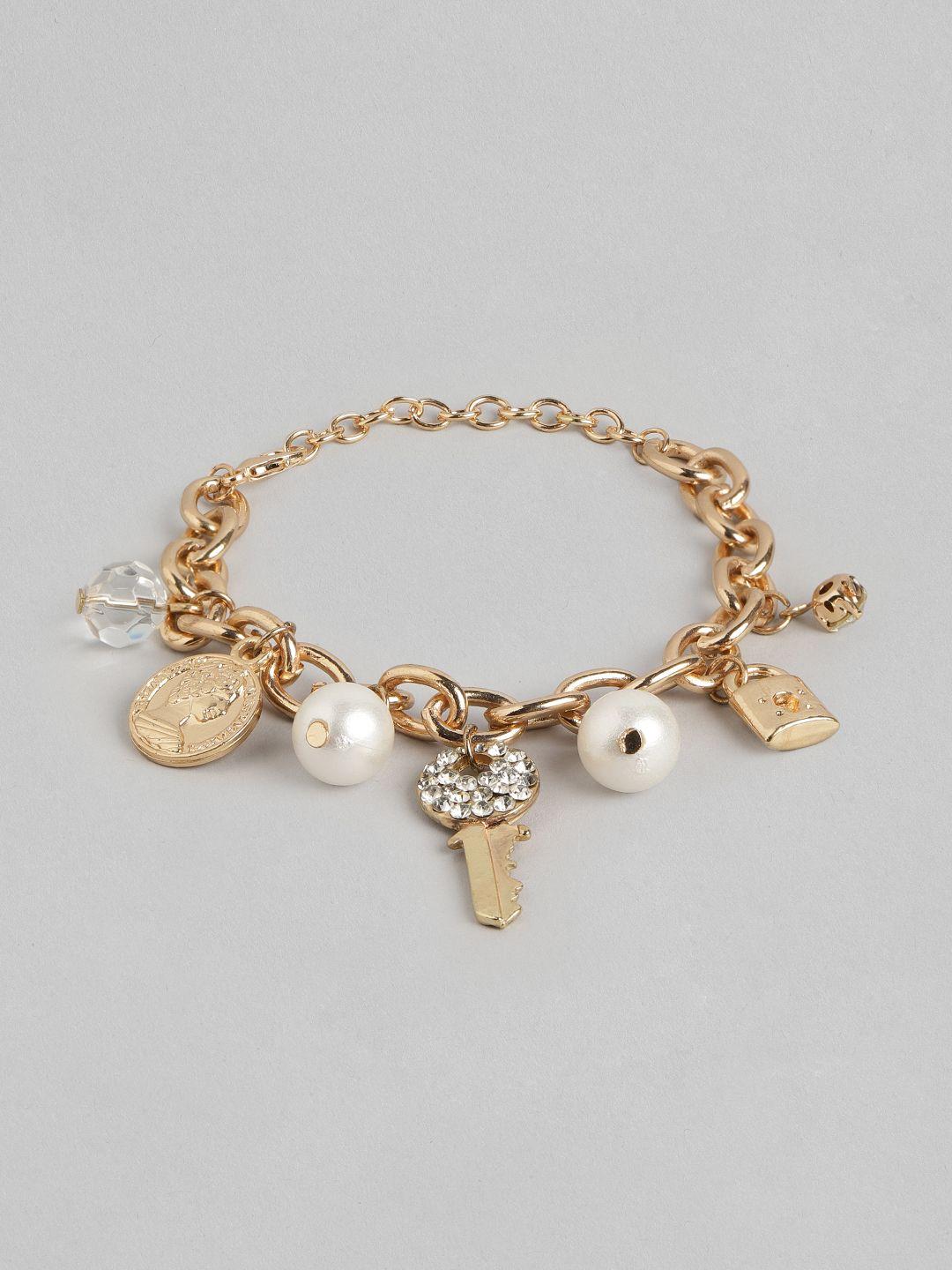 dressberry women gold-toned & off white stone studded & beaded link charm bracelet