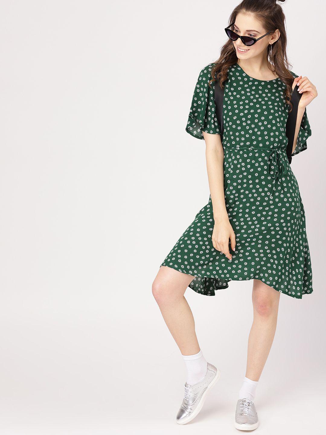 dressberry women green & off-white floral printed a-line dress