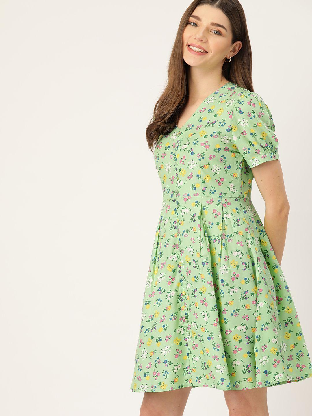 dressberry women green & yellow  floral printed fit and flare sustainable ecovero dress