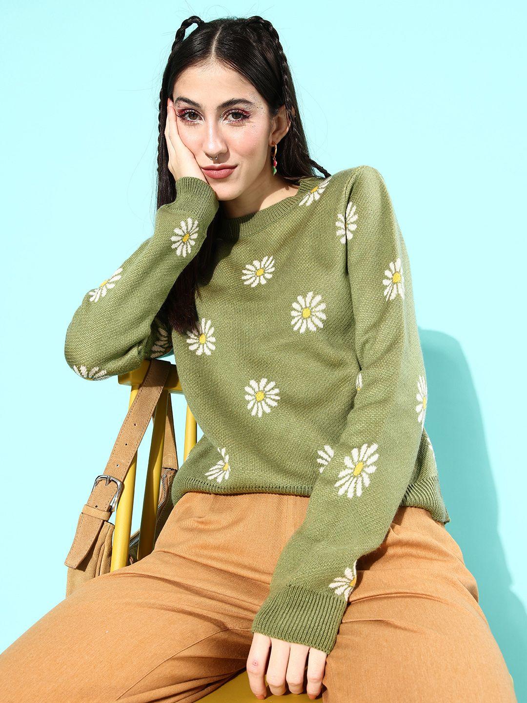 dressberry women green floral print pullover sweater