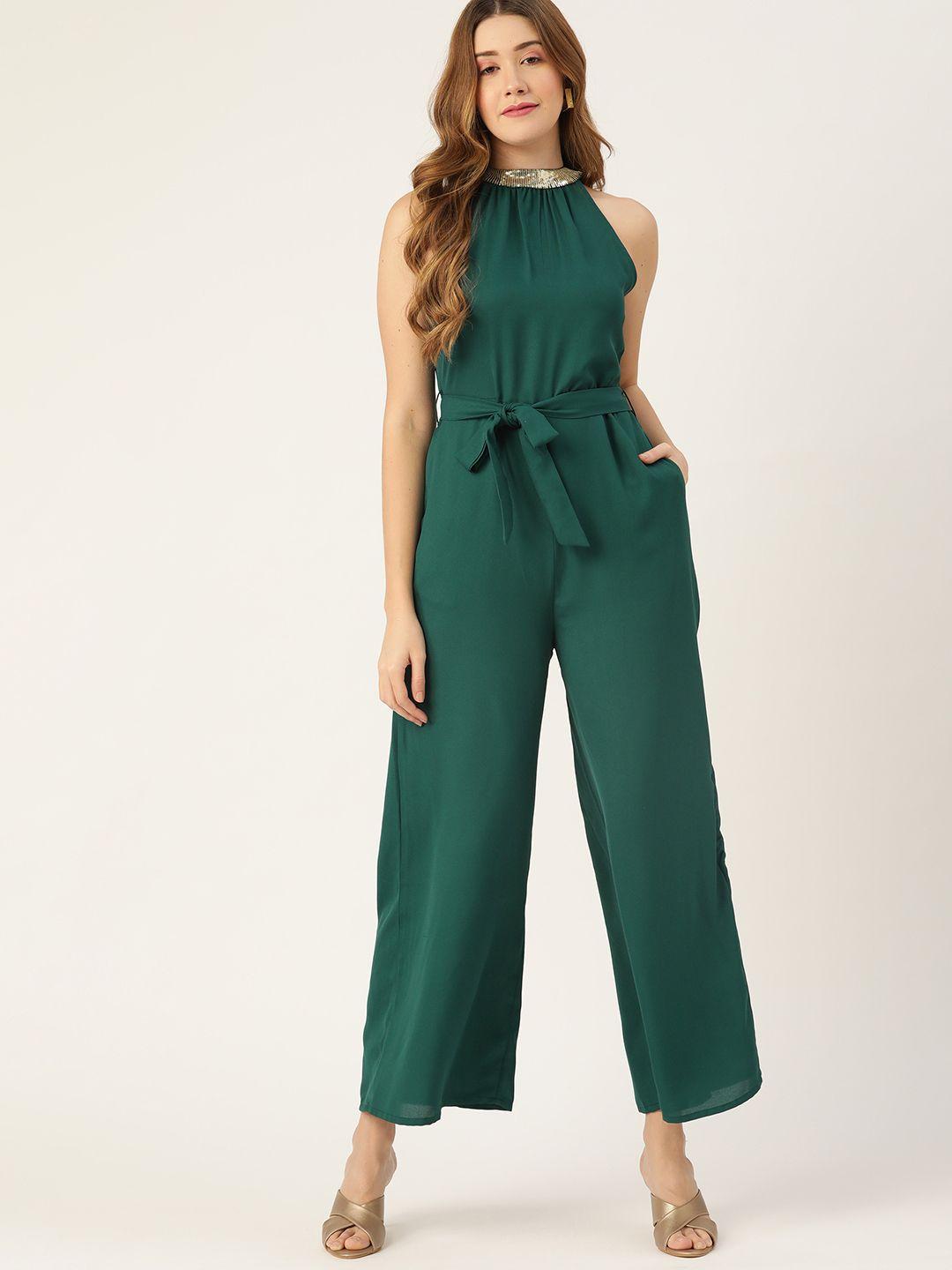 dressberry women green solid basic jumpsuit with belt