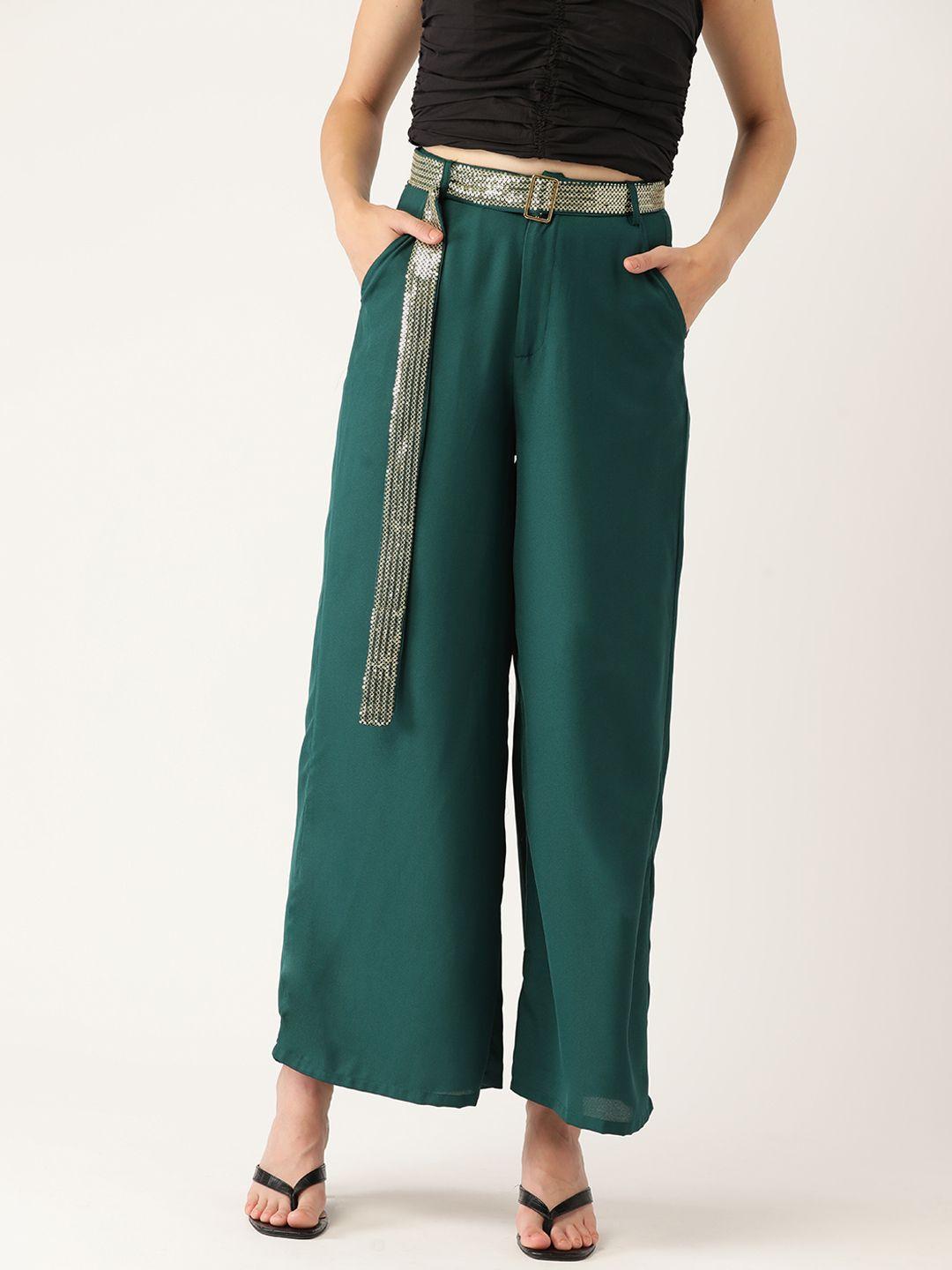 dressberry women green solid parallel trousers with belt