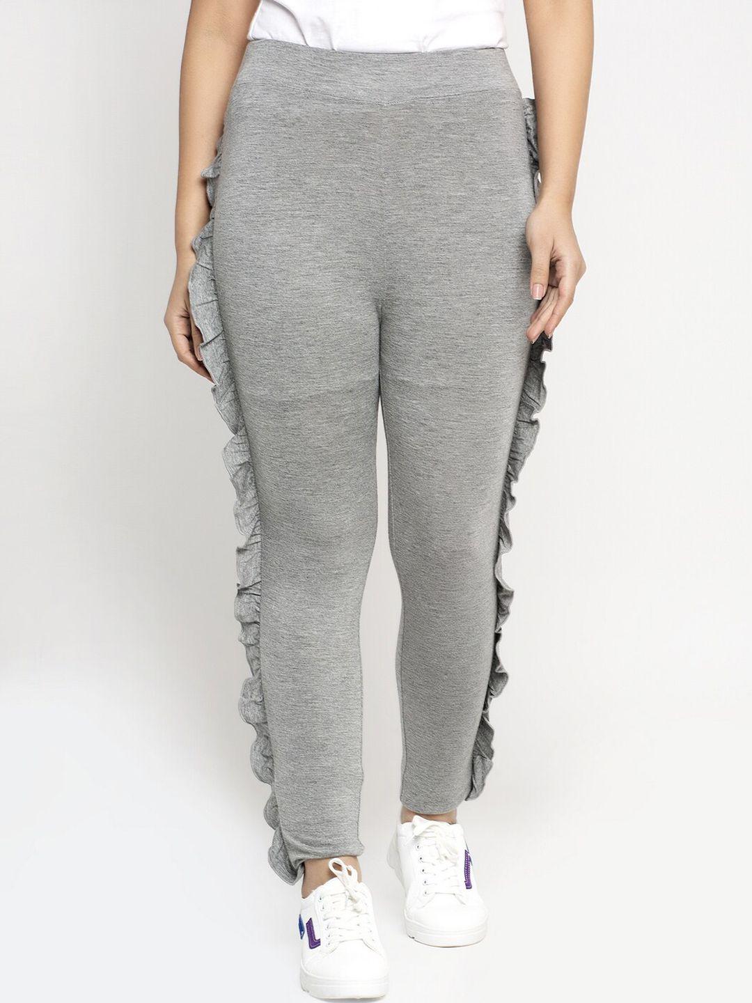 dressberry women grey mid-rise ruffles cotton track pants