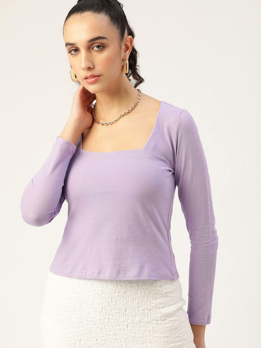 dressberry women lavender solid square neck pure cotton top