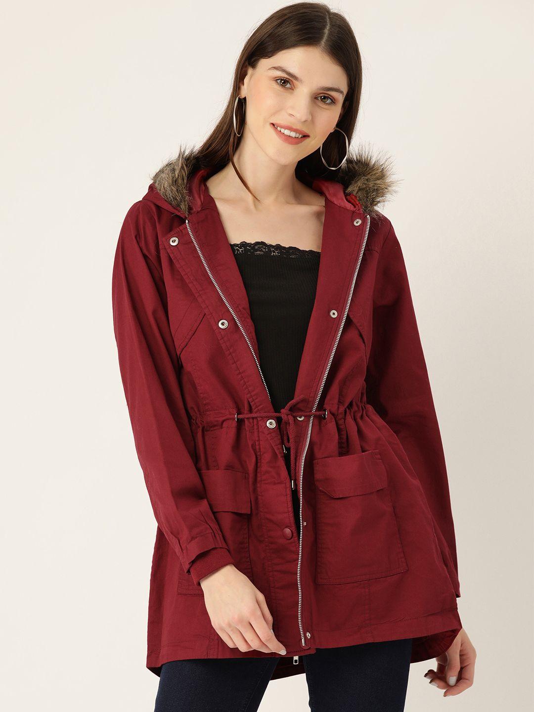 dressberry women maroon solid hooded parka jacket