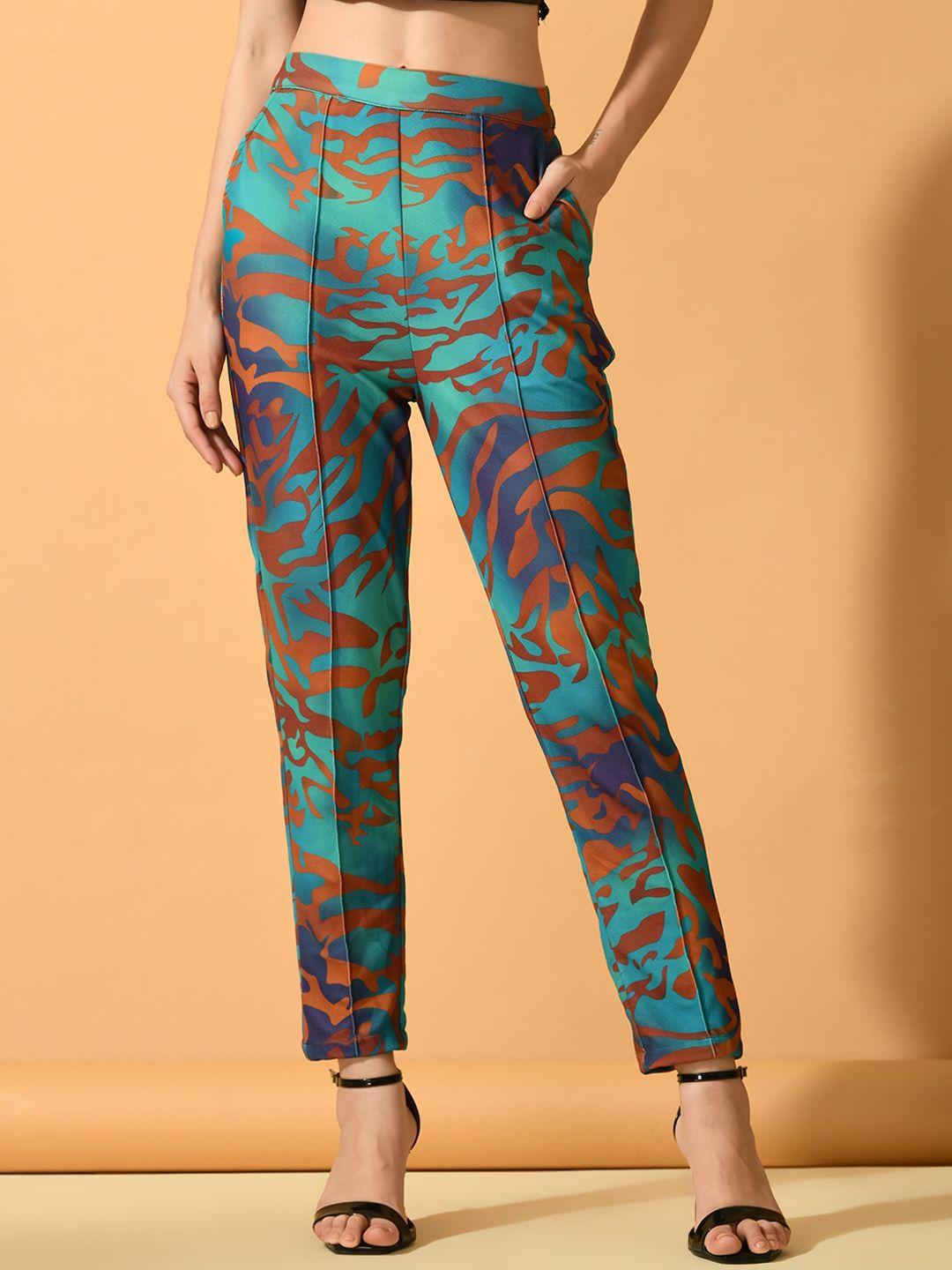 dressberry women multicoloured printed comfort slim fit wrinkle free trousers