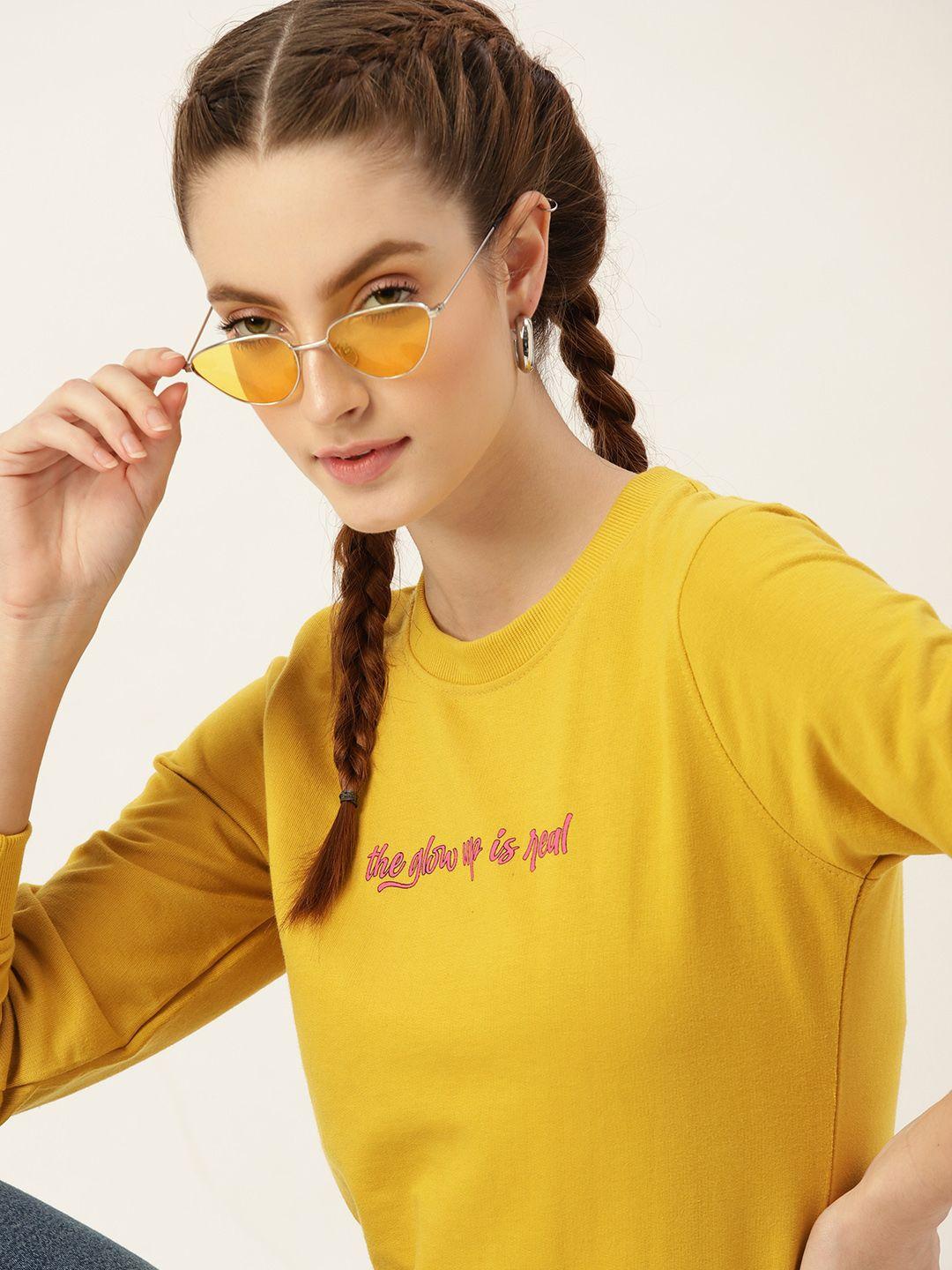 dressberry women mustard yellow & pink printed sweatshirt