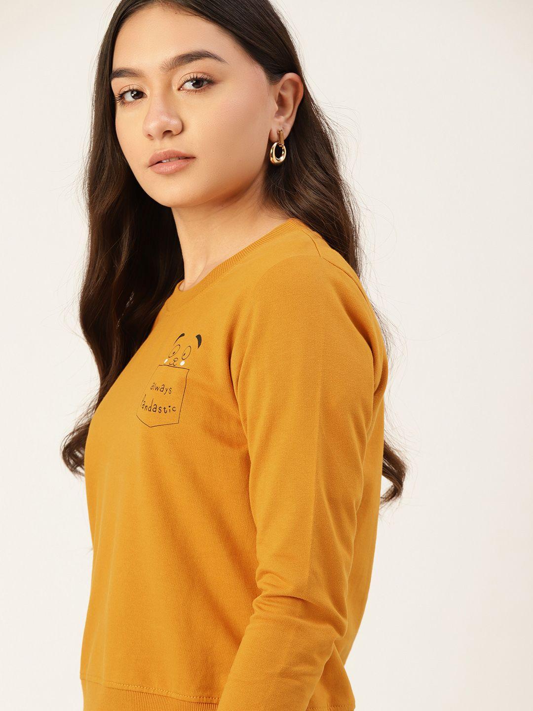 dressberry women mustard yellow pure cotton printed detail sweatshirt