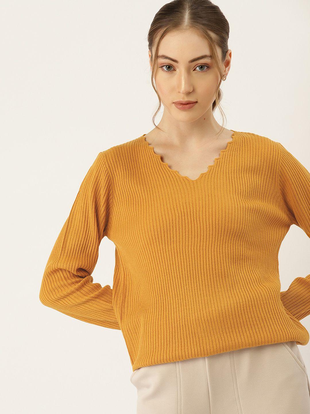 dressberry women mustard yellow self striped acrylic pullover sweater