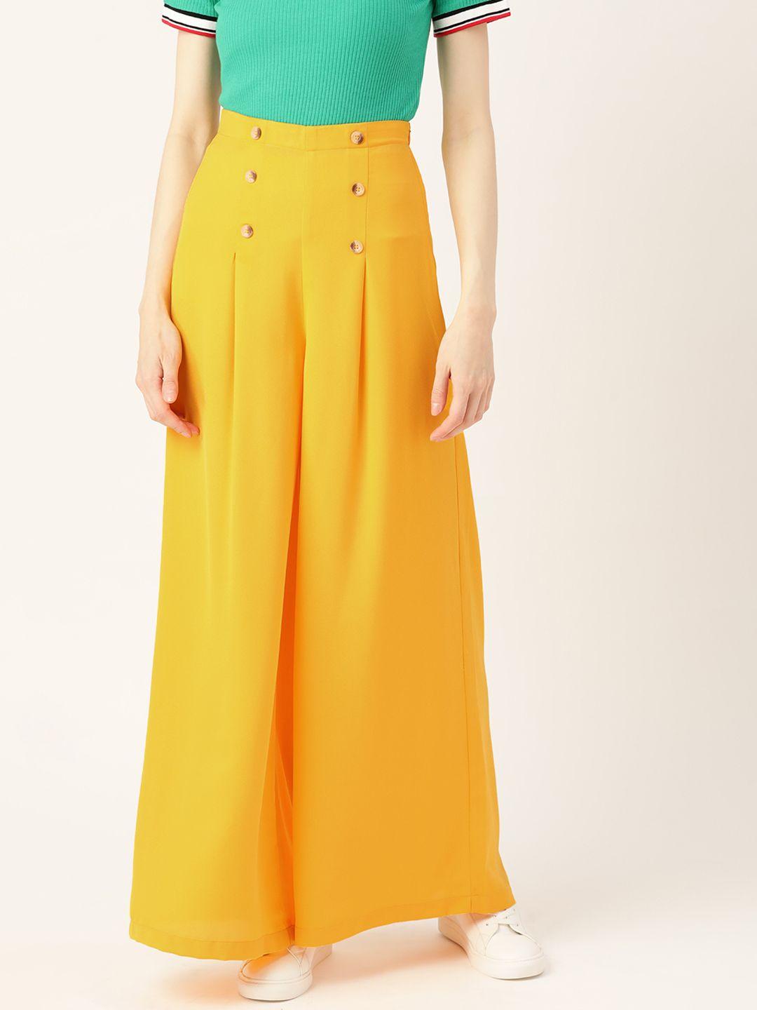 dressberry women mustard yellow solid flared pleated parallel trousers