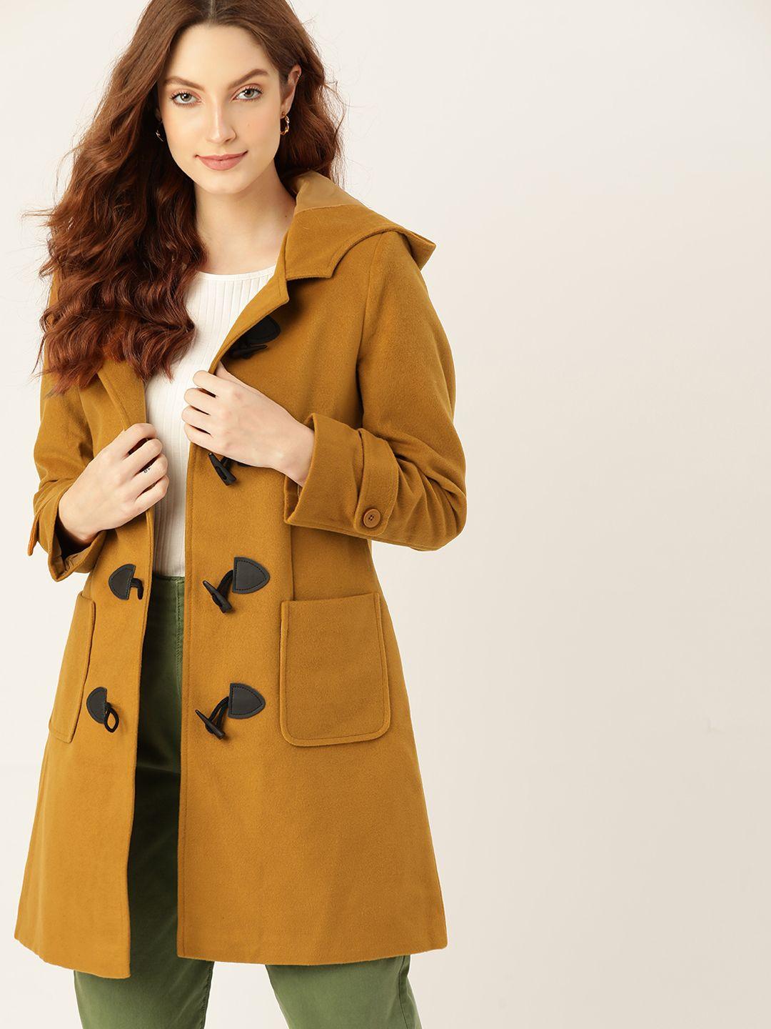 dressberry women mustard yellow solid hooded duffle coat